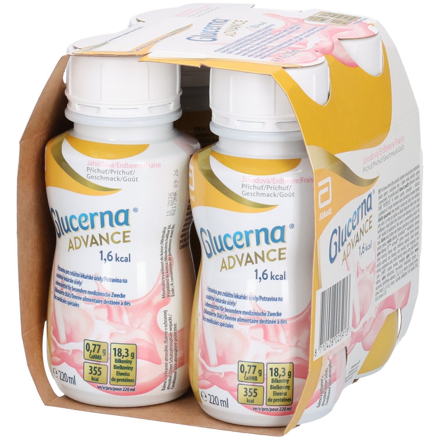 Zwei Flaschen Glucerna Advance 1,6 kcal in Kartonverpackung. Erdbeergeschmack. Abbott-Logo.