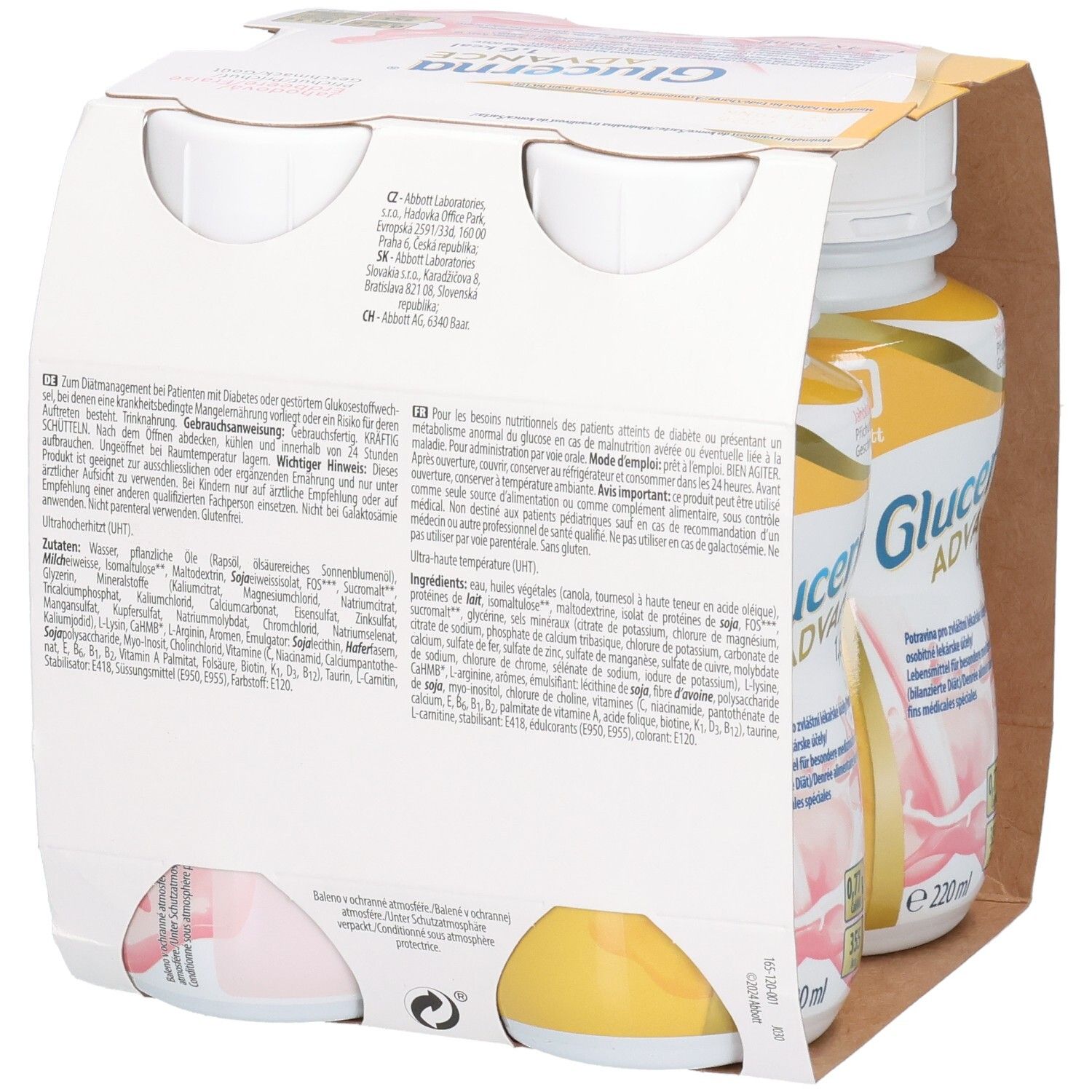 Rückseite der Kartonverpackung mit vier Flaschen Glucerna Advance 1,6 kcal. Text und Logo.