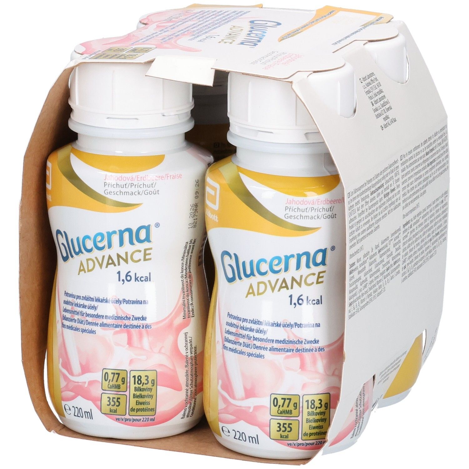 Zwei Flaschen Glucerna Advance 1,6 kcal in Kartonverpackung. Erdbeergeschmack. Abbott-Logo.