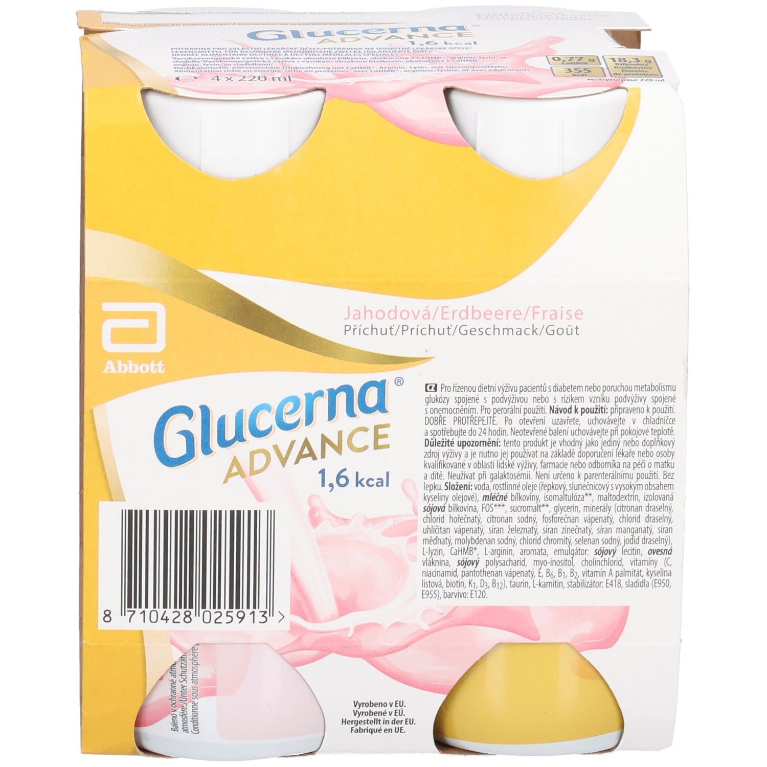 Packung mit vier Flaschen Glucerna Advance 1,6 kcal. Erdbeergeschmack. Abbott-Logo. Kartonverpackung.