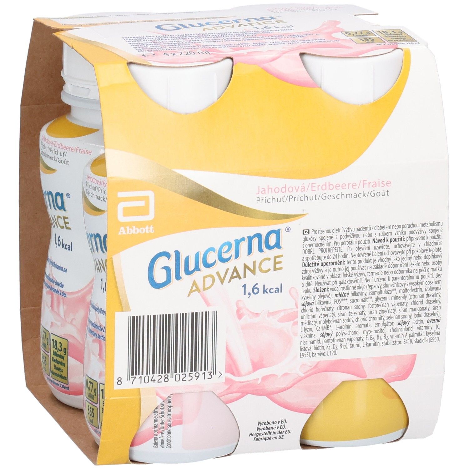 Packung mit vier Flaschen Glucerna Advance 1,6 kcal. Erdbeergeschmack. Abbott-Logo. Kartonverpackung.