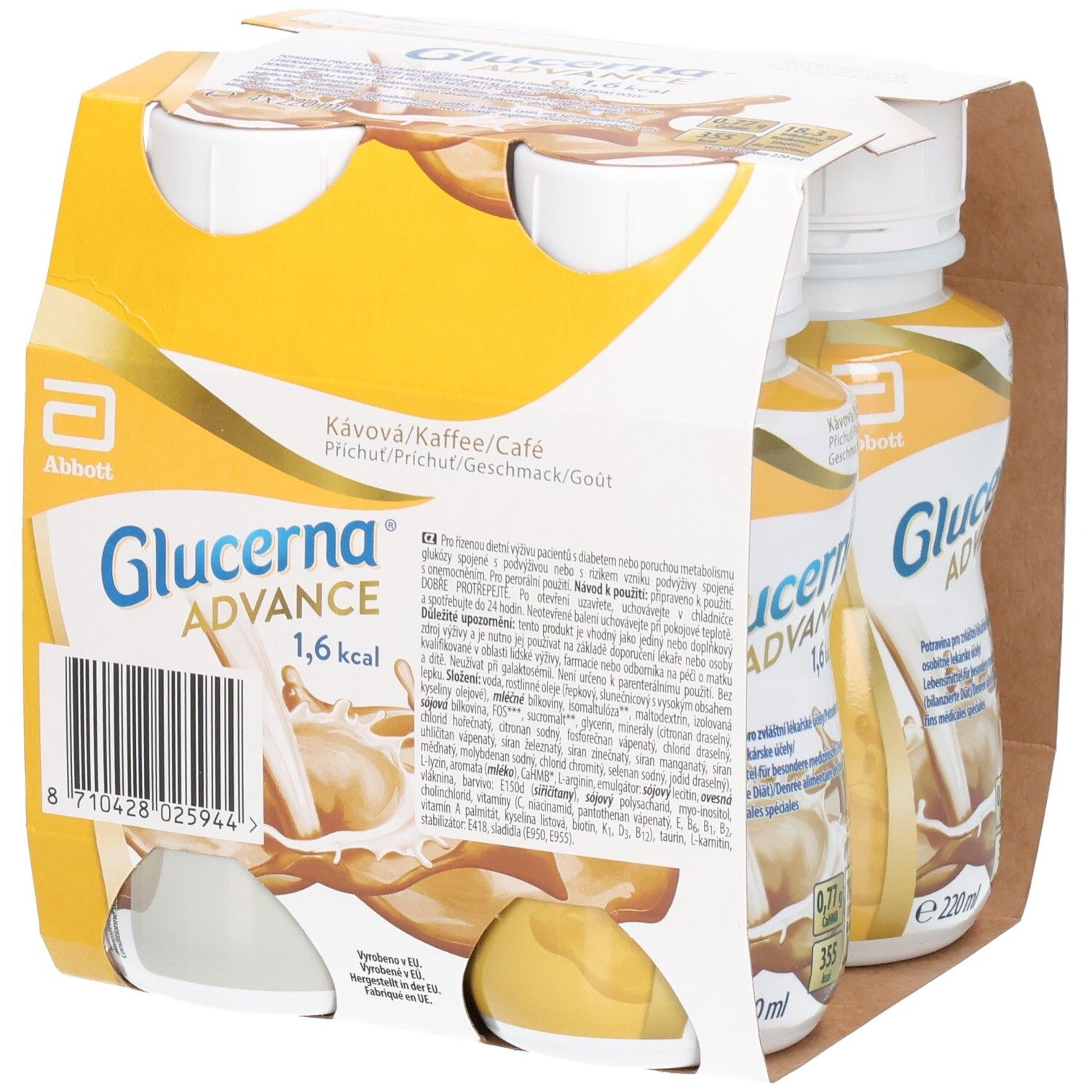 Packung mit vier Flaschen Glucerna Advance. Kaffee-Geschmack. Gelbe und weiße Verpackung. Abbott-Logo. 1,6 kcal.