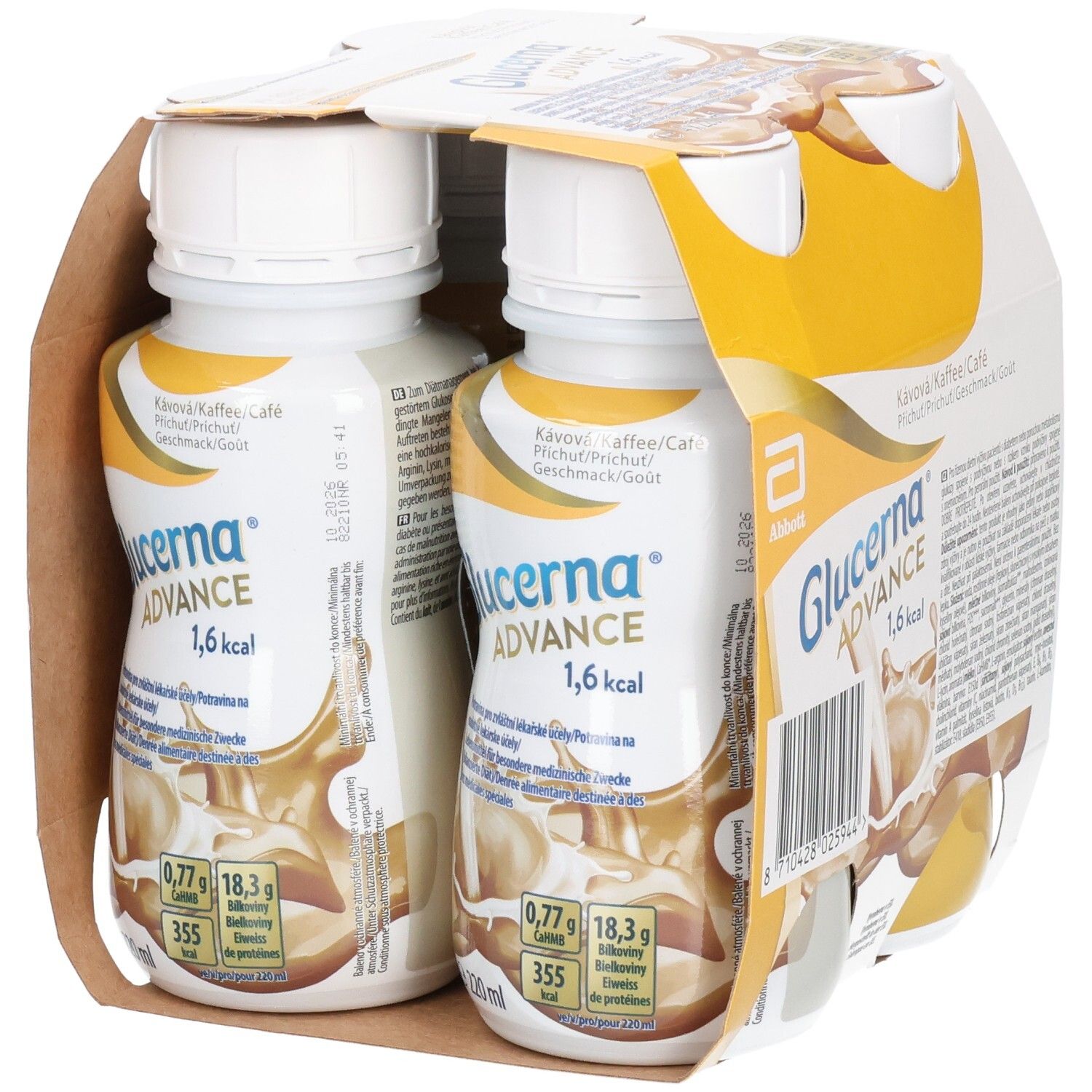 Packung mit zwei Flaschen Glucerna Advance. Kaffee-Geschmack. Gelbe und weiße Verpackung. Abbott-Logo. 1,6 kcal.