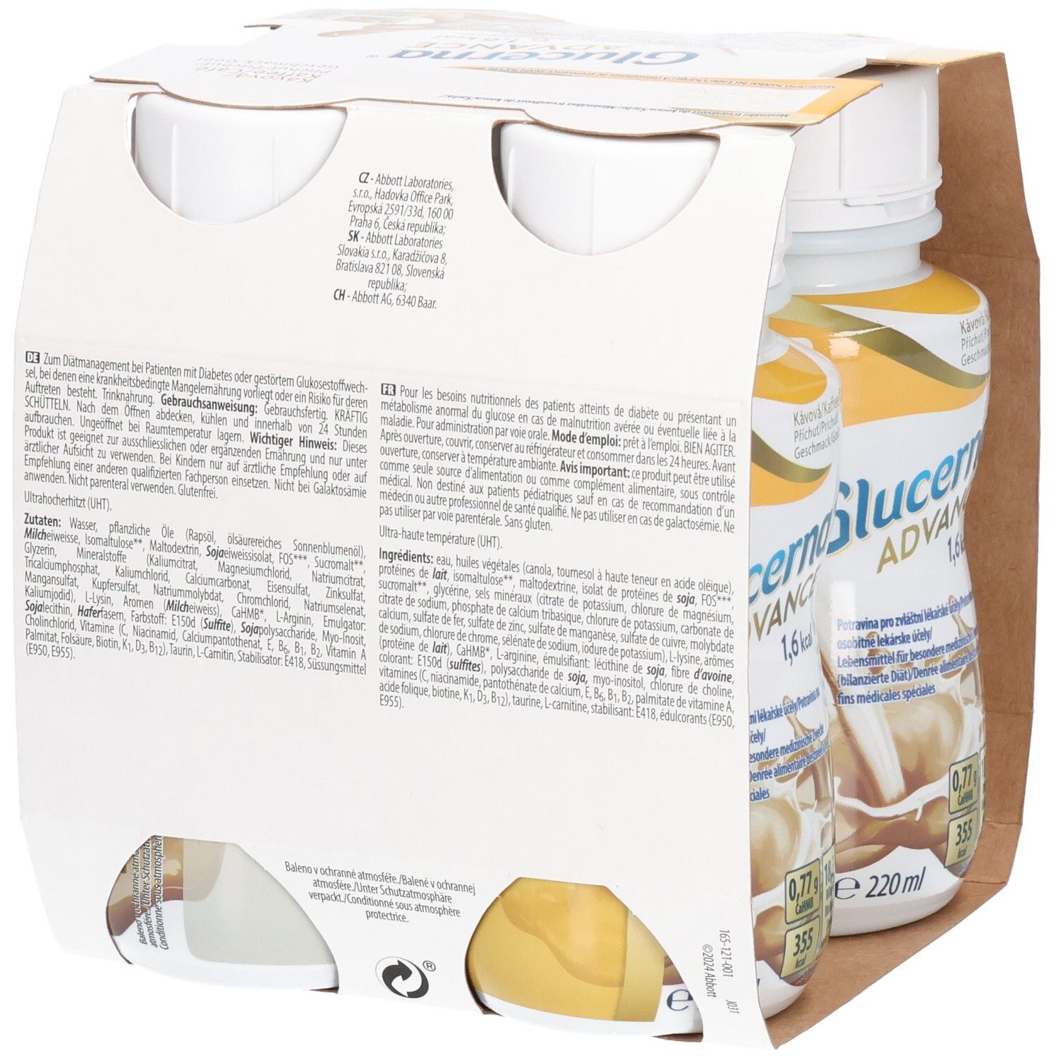 Packung mit vier Flaschen Glucerna Advance. Kaffee-Geschmack. Gelbe und weiße Verpackung. Abbott-Logo. 1,6 kcal.