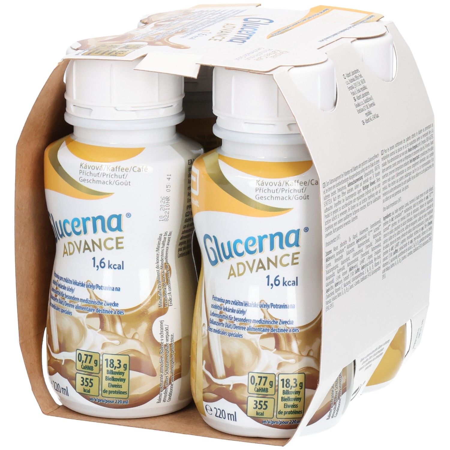 Packung mit zwei Flaschen Glucerna Advance. Kaffee-Geschmack. Gelbe und weiße Verpackung. Abbott-Logo. 1,6 kcal.