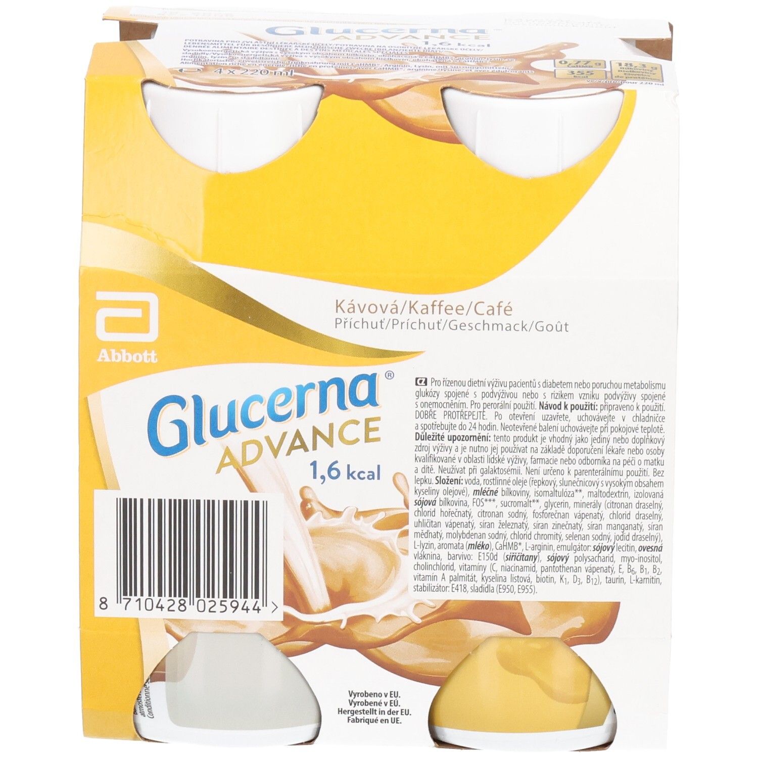 Packung mit vier Flaschen Glucerna Advance. Kaffee-Geschmack. Gelbe und weiße Verpackung. Abbott-Logo. 1,6 kcal.