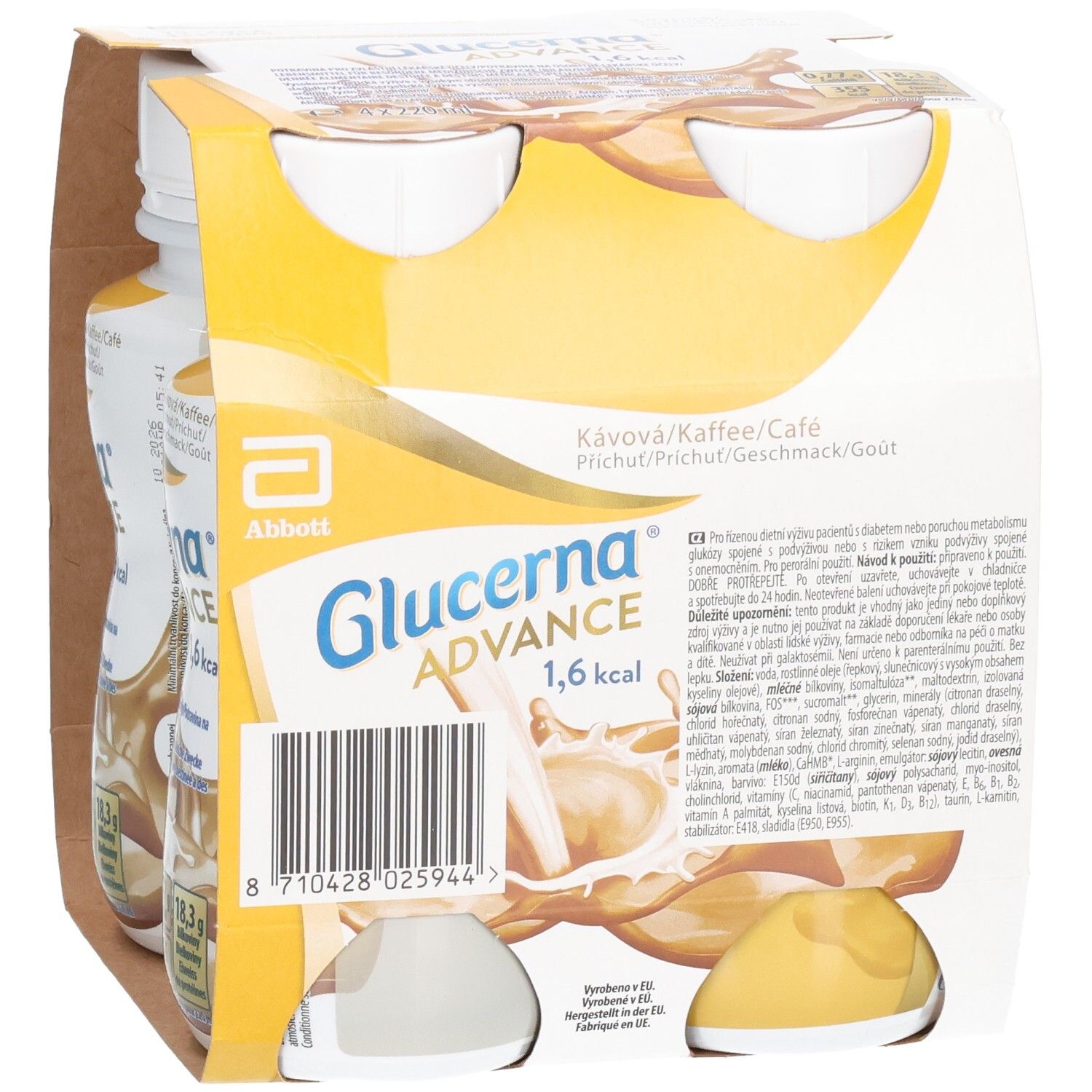 Packung mit vier Flaschen Glucerna Advance. Kaffee-Geschmack. Gelbe und weiße Verpackung. Abbott-Logo. 1,6 kcal.
