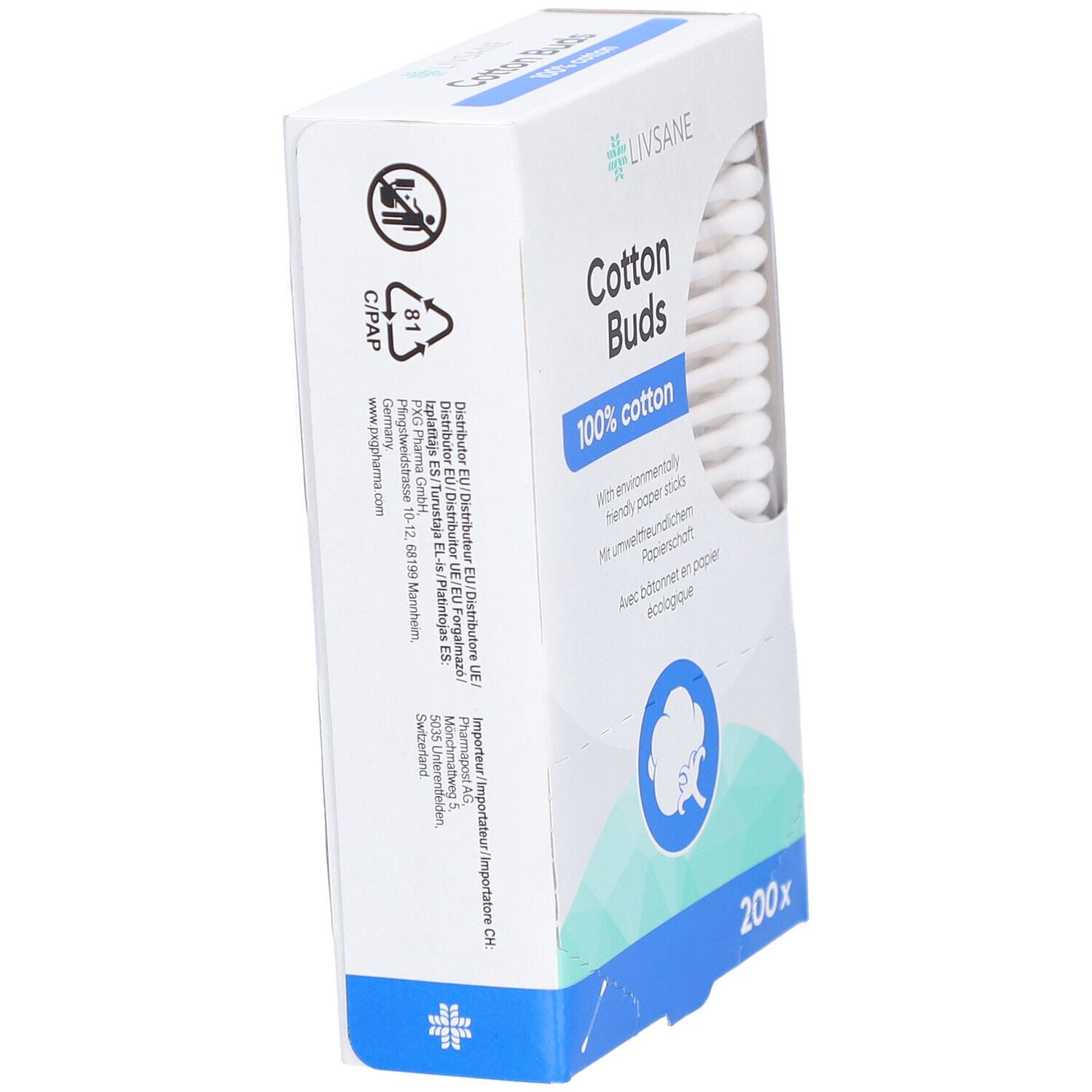 Schräg gestellte Verpackung mit Wattestäbchen. Marke Livsane, Aufschrift 'Cotton Buds', '100% cotton'. 200 Stück.