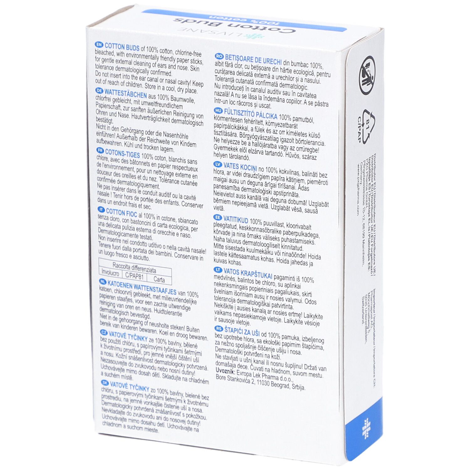 Rückseite der Verpackung mit Text. Enthält Produktinformationen und Herstellerangaben. Text in Deutsch, Englisch, Französisch, Italienisch.