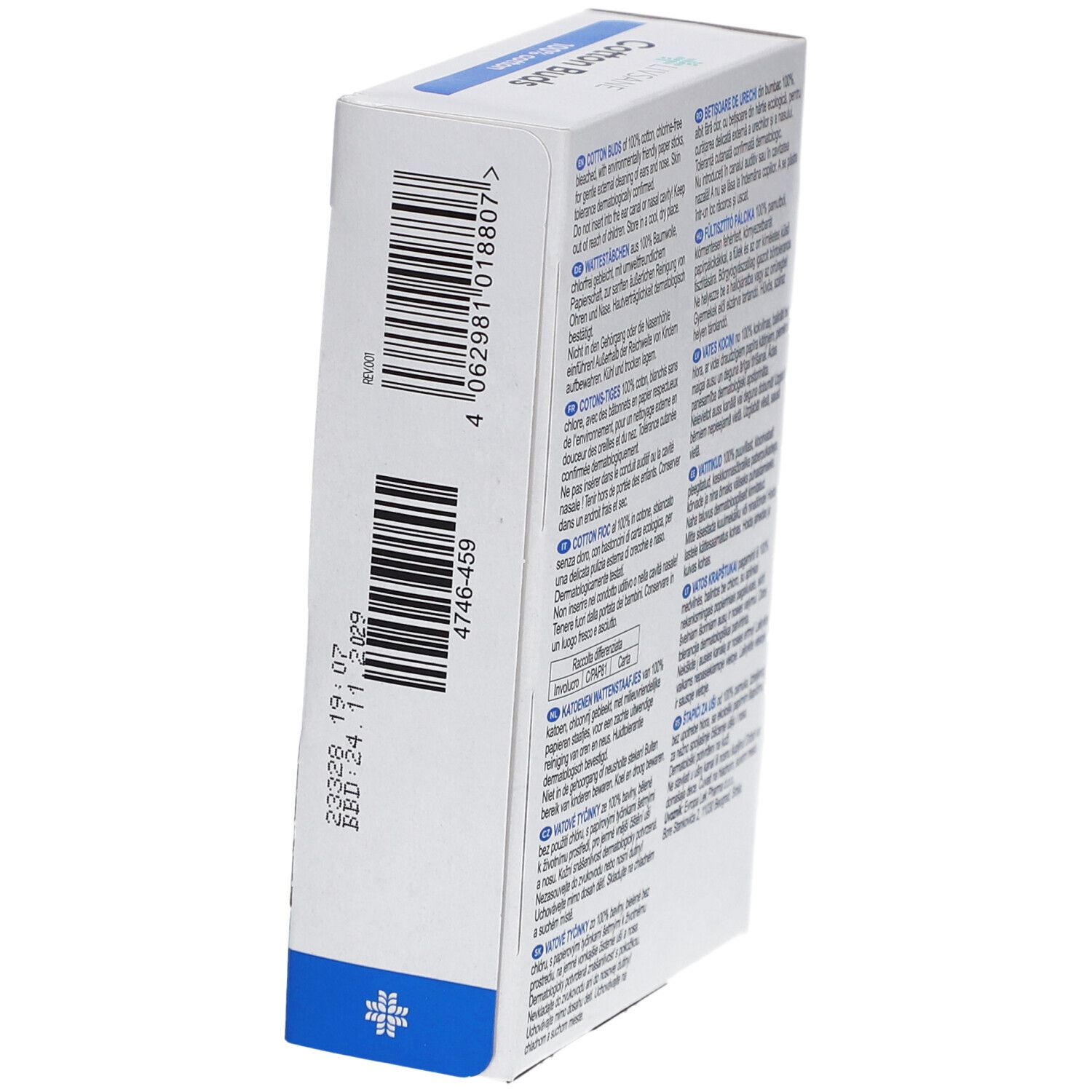 Rückseite der Verpackung mit Barcode und Text. Enthält Informationen wie Chargennummer und Verfallsdatum.