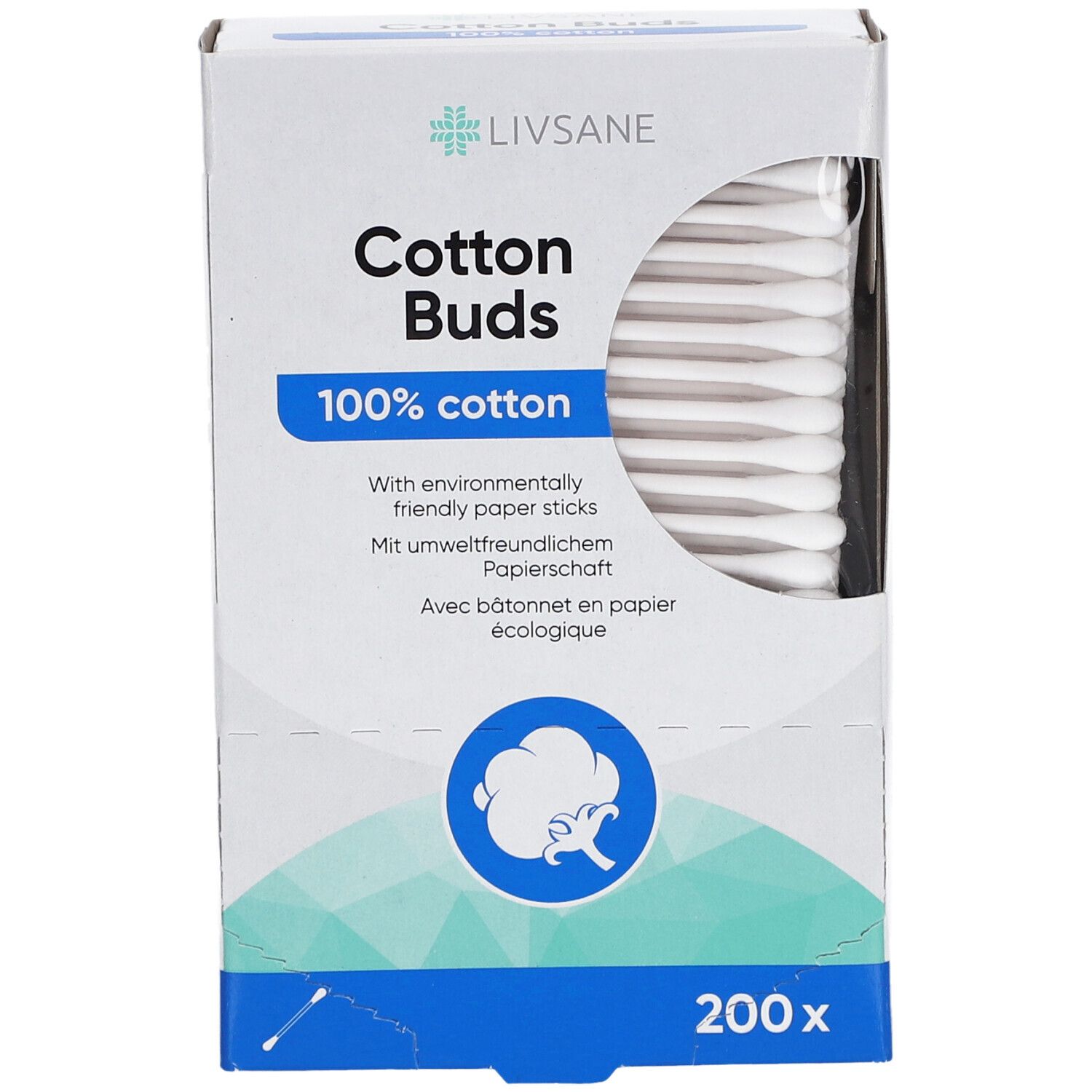 Verpackung mit Wattestäbchen. Marke Livsane, Aufschrift 'Cotton Buds', '100% cotton'. 200 Stück. Sichtbare Wattestäbchen.