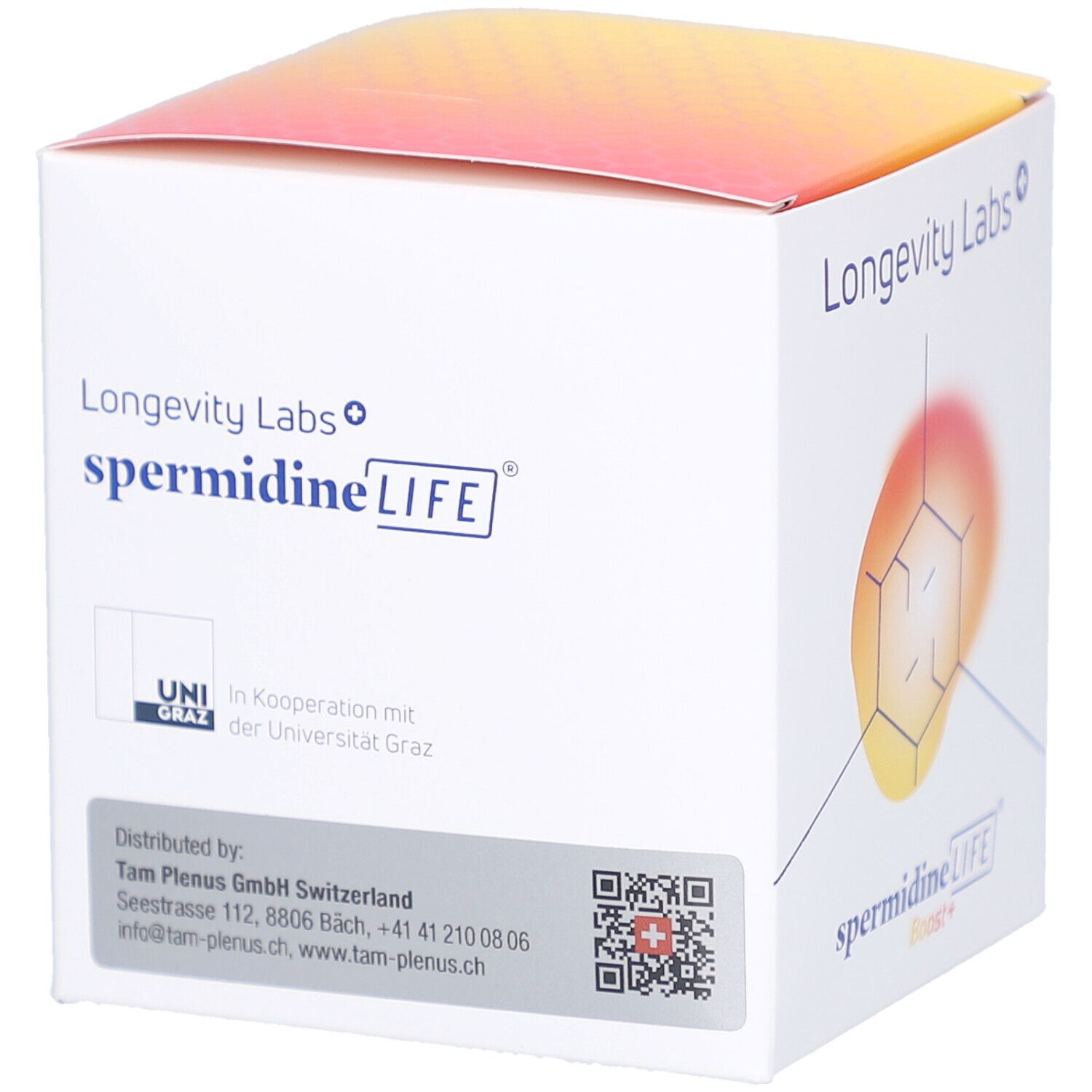 Weißer Karton mit Produktnamen und Logo. Enthält Longevity Labs+, spermidineLIFE. QR-Code und Kontaktinformationen.