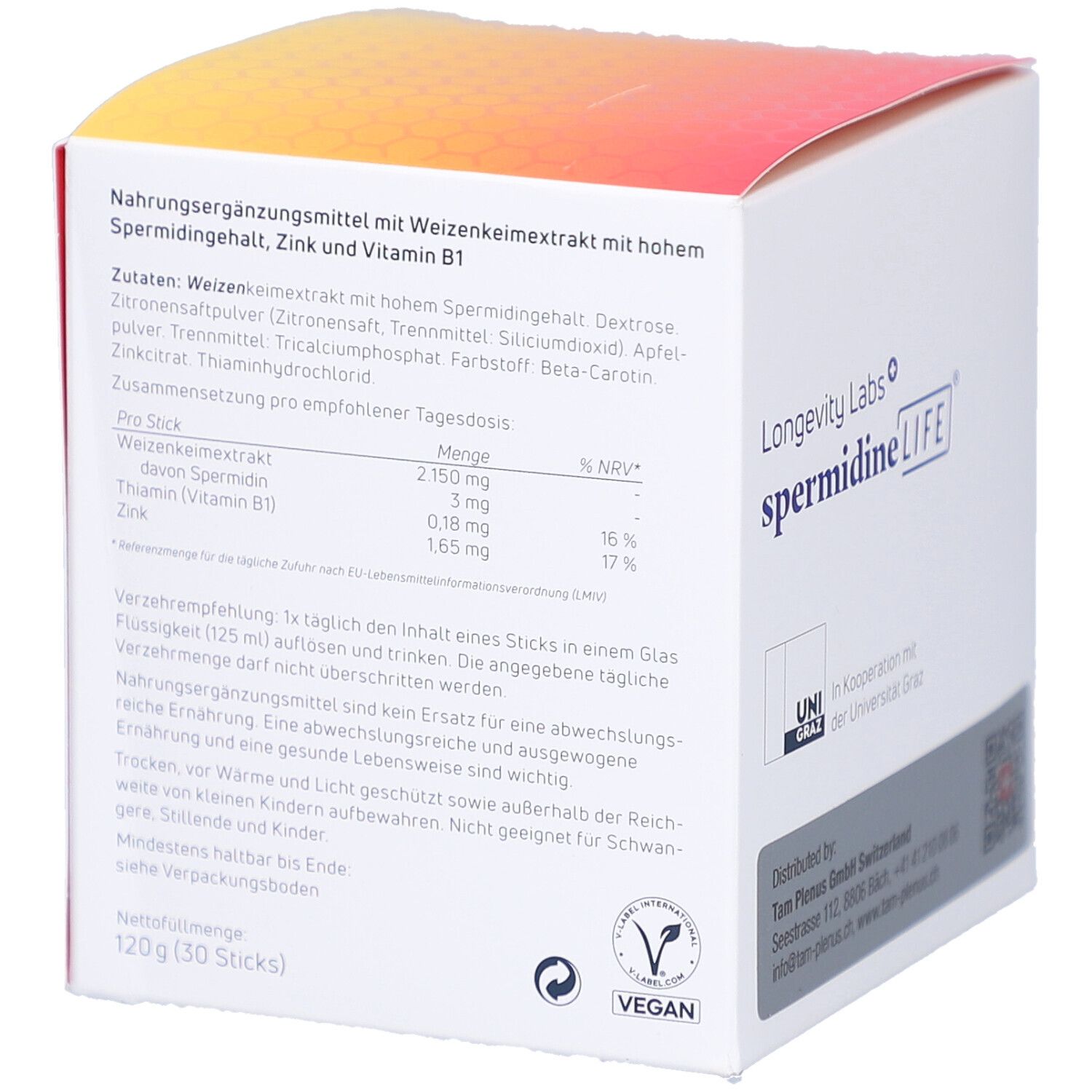 Rückseite des weißen Kartons. Enthält Informationen zu Inhaltsstoffen, Nährwerten und Verzehrempfehlung. Vegan-Siegel.