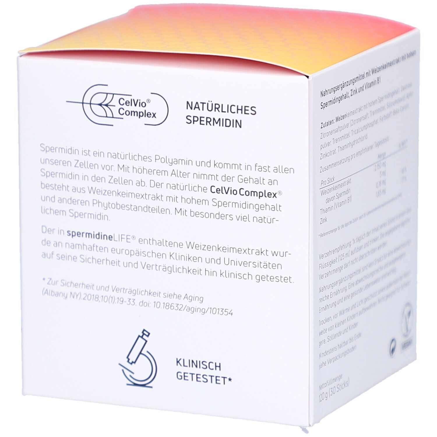 Weißer Karton mit Produktnamen und Logo. Enthält Longevity Labs+, spermidineLIFE. Text über Inhaltsstoffe und Zertifizierung.