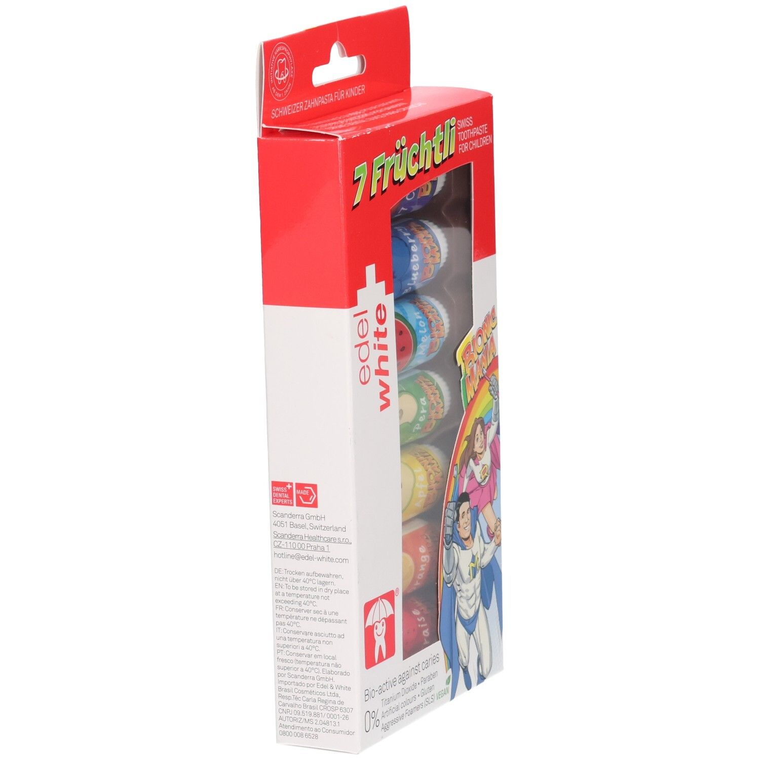 Seitenansicht der Verpackung mit 7 Zahnpasta-Tuben. Rote Schachtel mit Produktnamen und Logo. Marke: edel+white.