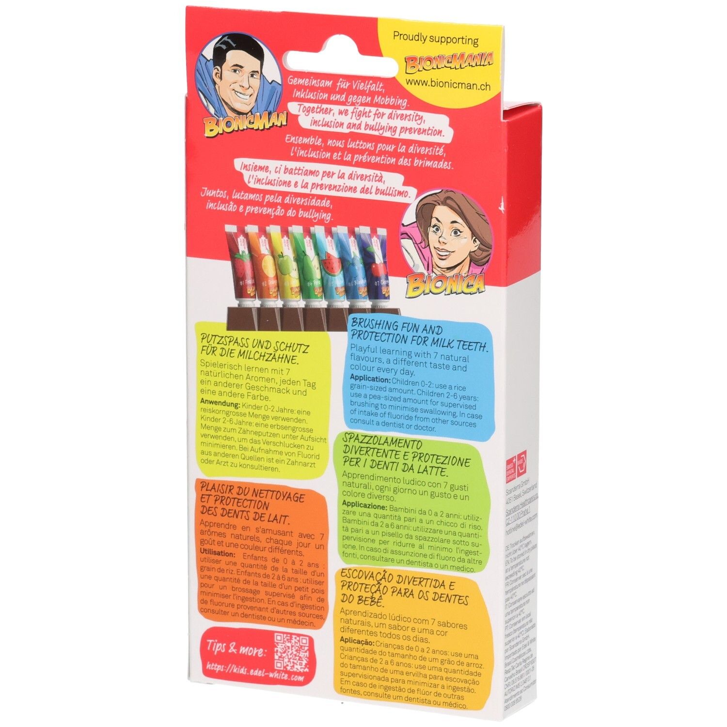 Rückseite der Verpackung mit Produktinformationen und Illustrationen. Enthält Text in mehreren Sprachen.