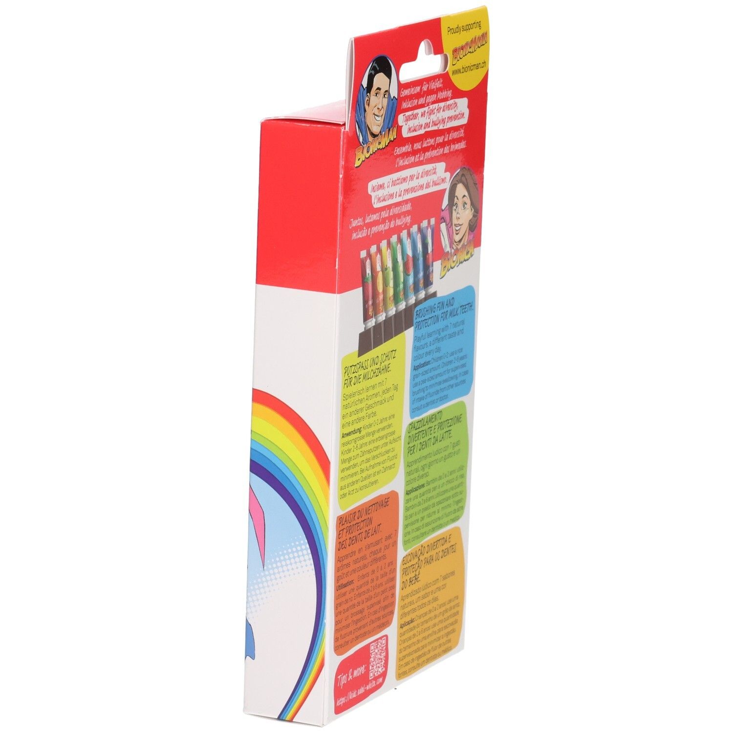 Seitenansicht der Verpackung mit Produktinformationen und Illustrationen. Enthält Text in mehreren Sprachen.
