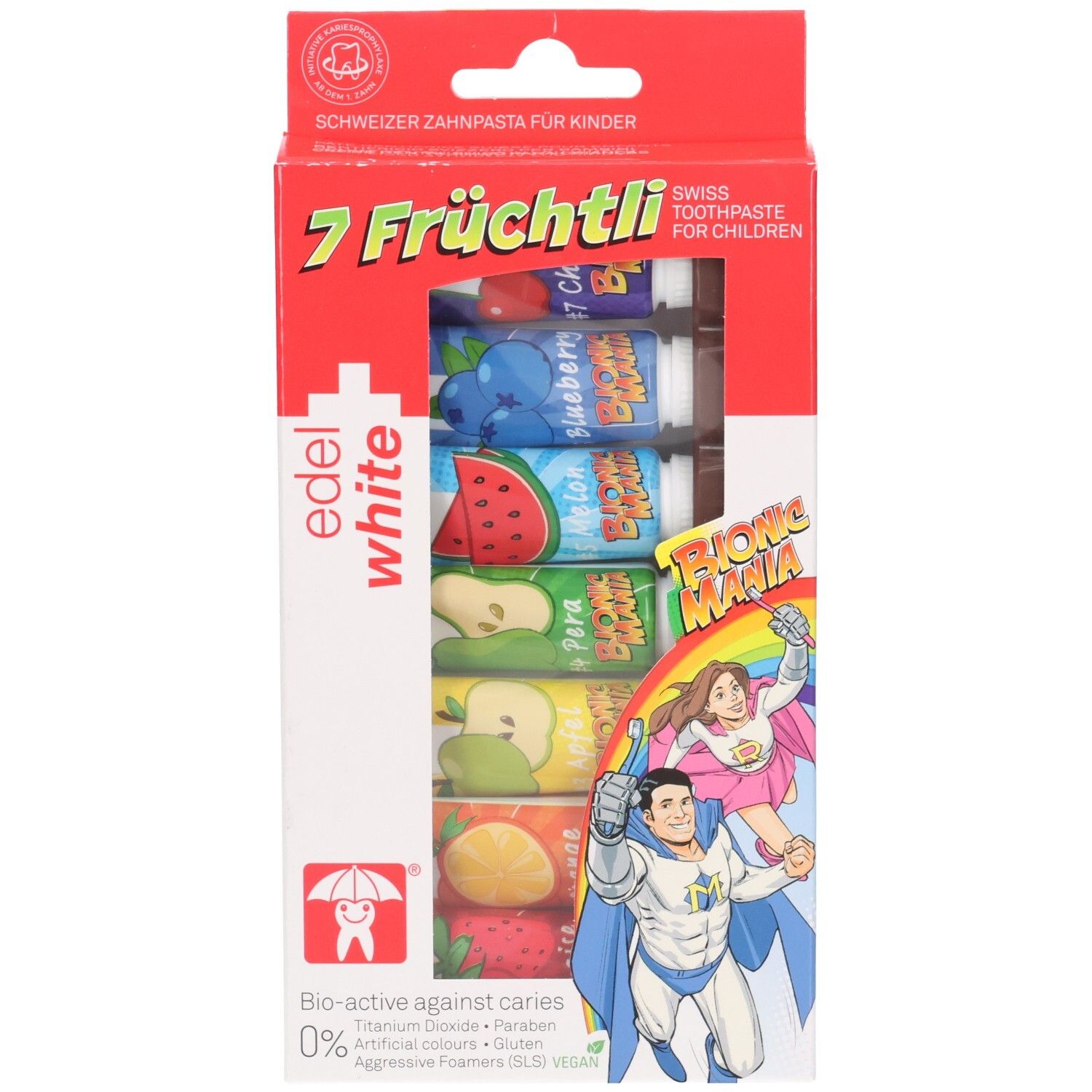 Verpackung mit 7 Kinderzahnpasta-Tuben. Rote Schachtel mit Produktnamen und Illustrationen. Marke: edel+white.