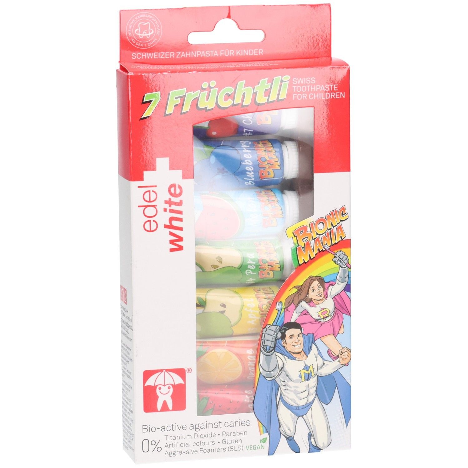 Verpackung mit 7 Kinderzahnpasta-Tuben. Rote Schachtel mit Produktnamen und Illustrationen. Marke: edel+white.