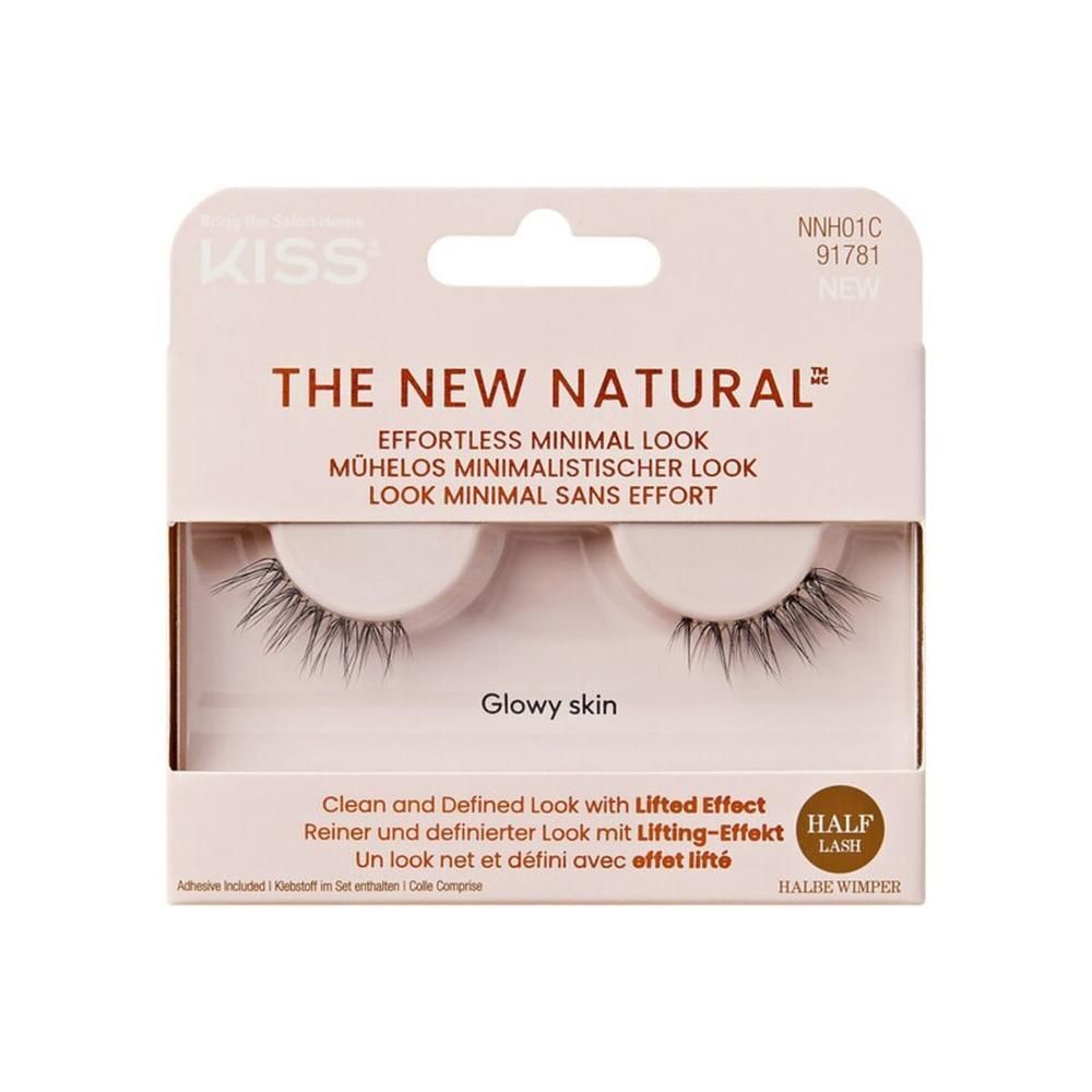 Paquet de faux cils. Inscription: THE NEW NATURAL, Glowy skin, HALF LASH. Marque: KISS.