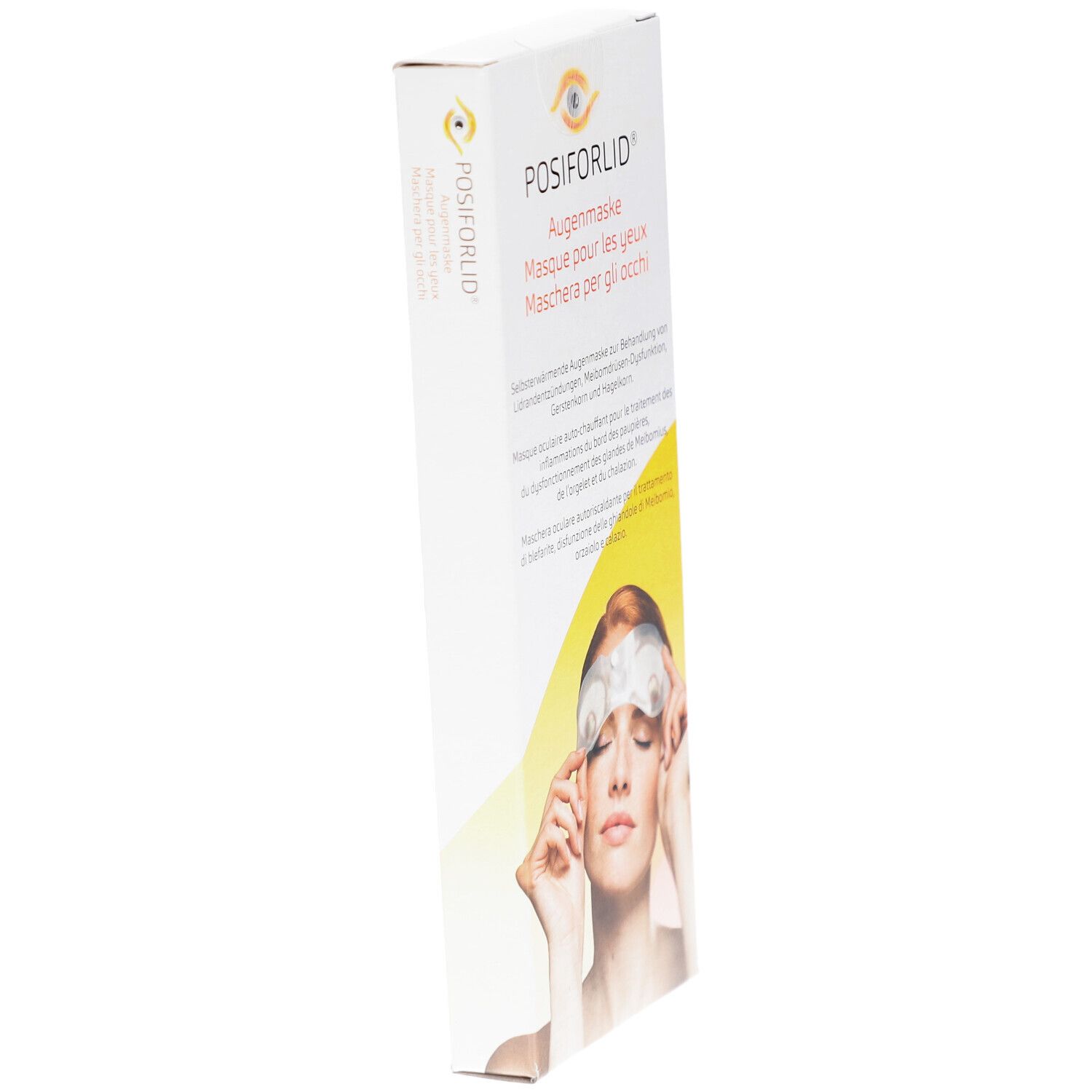 Schrägansicht der Verpackung von POSIFORLID Augenmaske. Produktname und Text auf weißem Hintergrund. Frau mit Maske.
