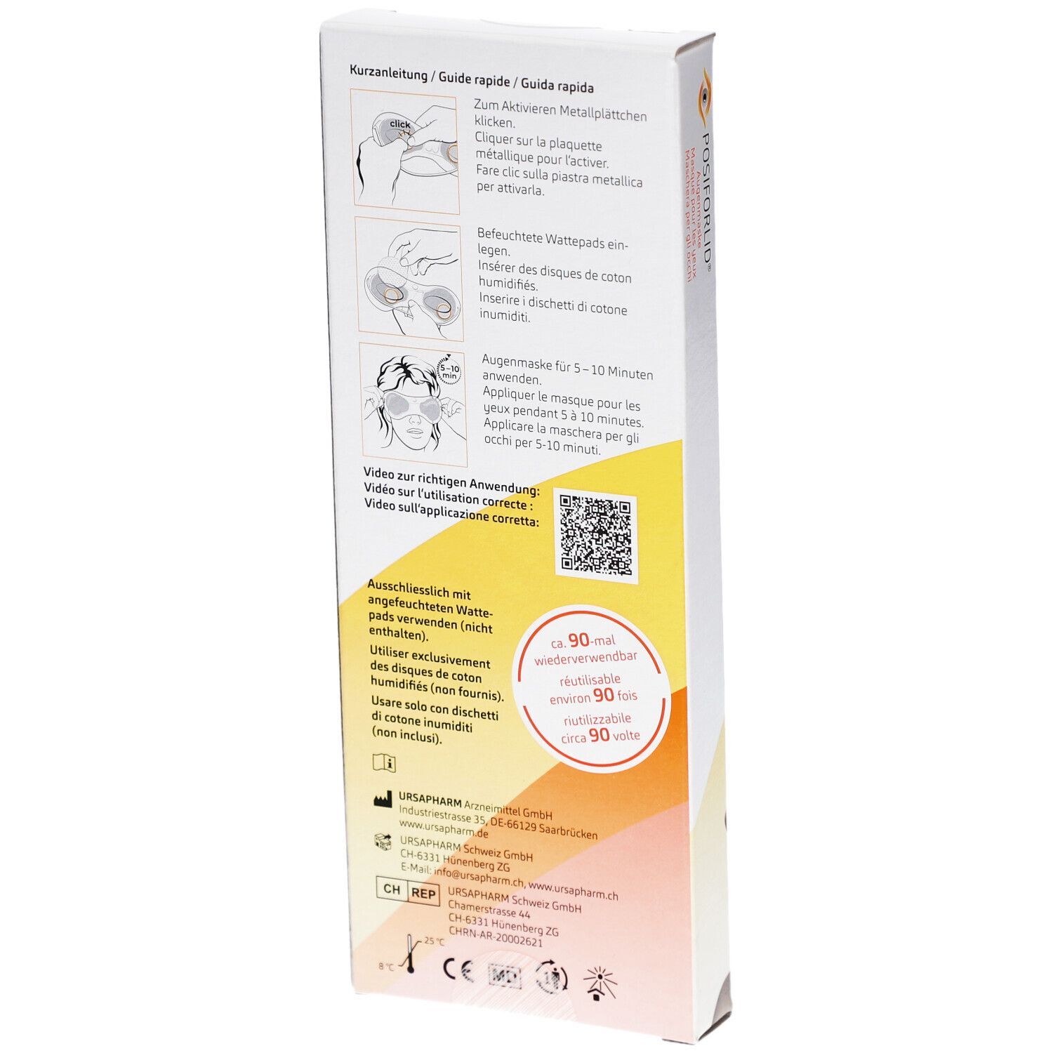 Rückseite der Verpackung von POSIFORLID Augenmaske. Abbildungen zur Anwendung. Text in Deutsch, Französisch und Italienisch.