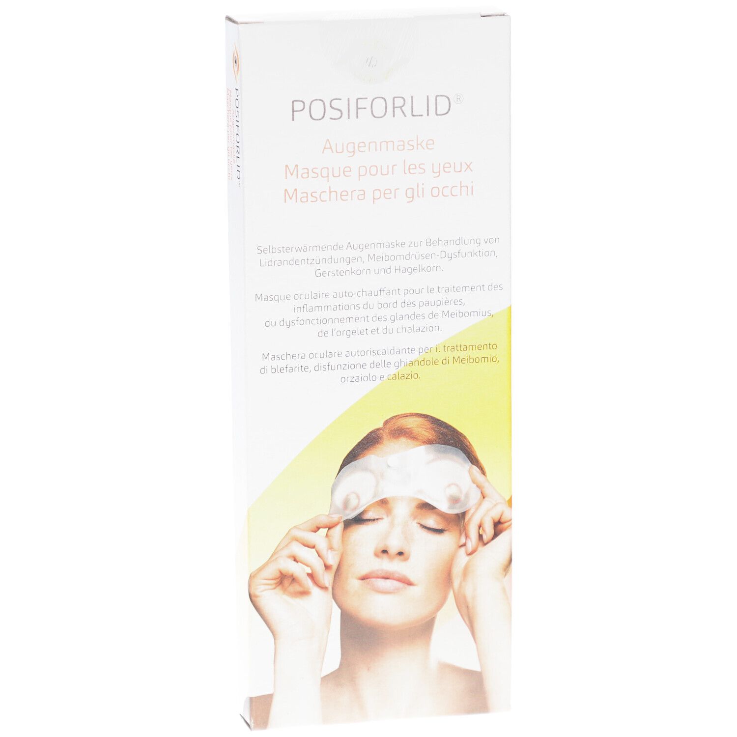 Verpackung von POSIFORLID Augenmaske. Aufdruck: Produktname, Maske für die Augen. Frau mit Maske. Weiße Verpackung.