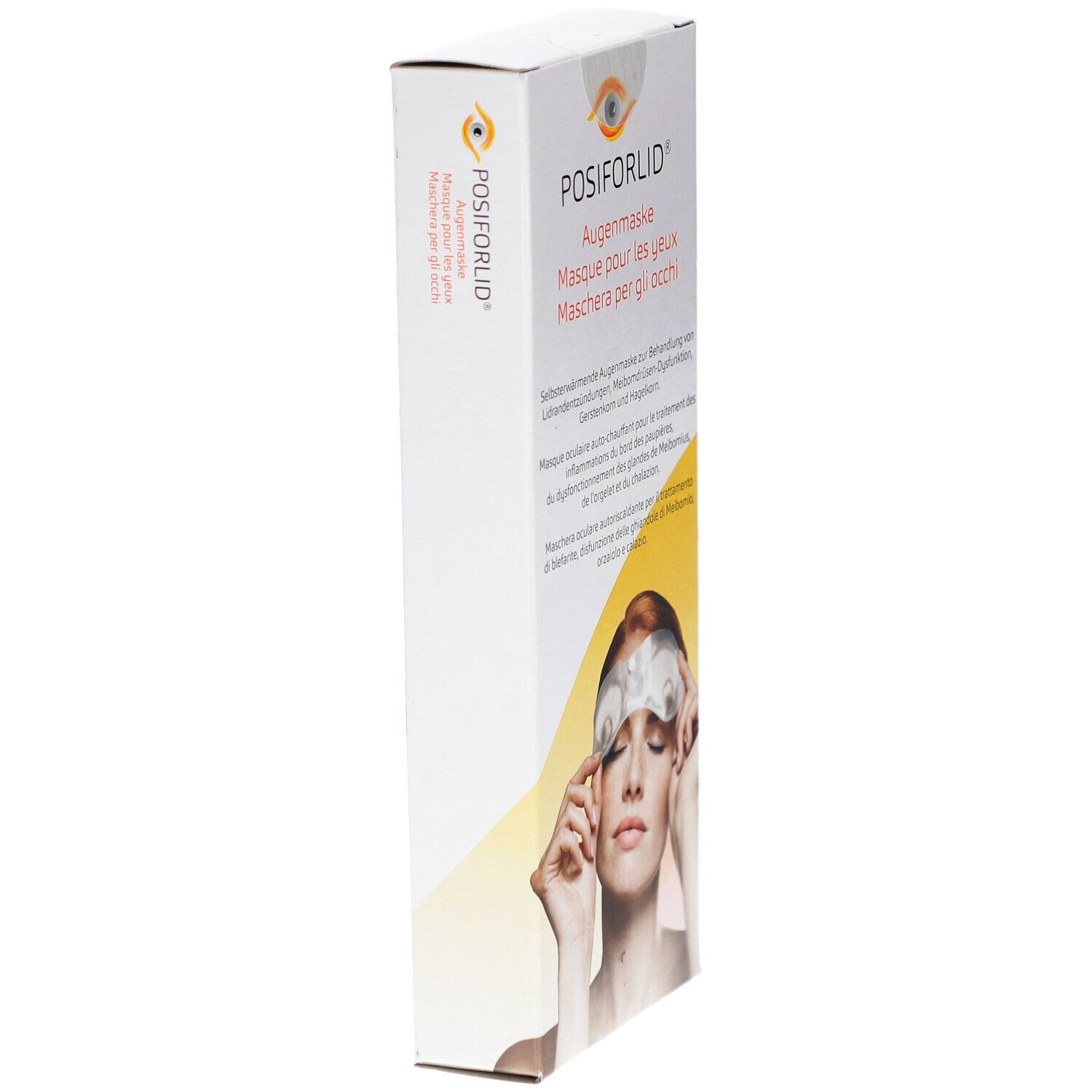 Emballage POSIFORLID Augenmaske en biais. Texte: Masque pour les yeux, nom du produit. Femme avec masque, fond jaune.