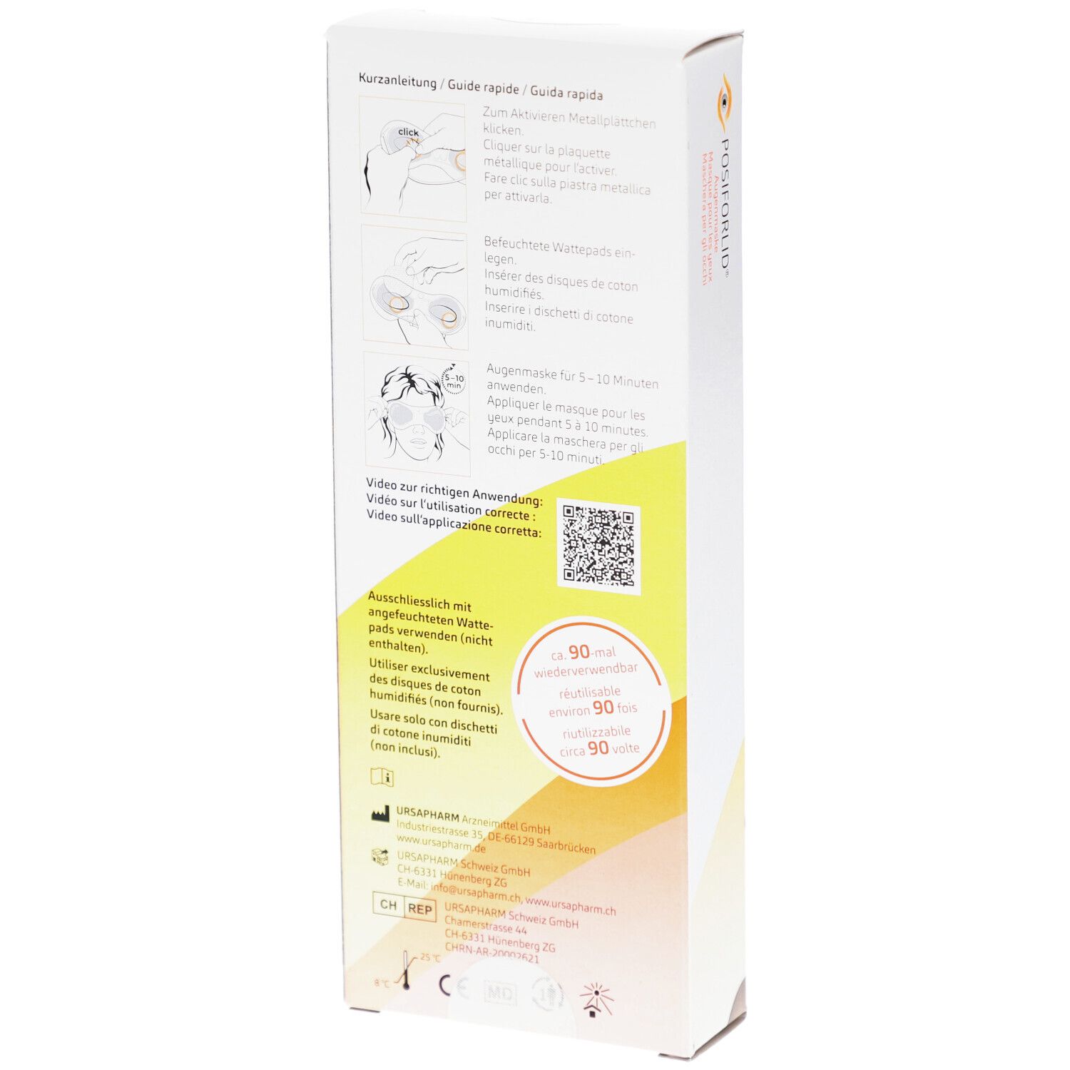 Dos de l'emballage POSIFORLID Augenmaske. Graphiques et texte d'utilisation. Code QR et pictogrammes.
