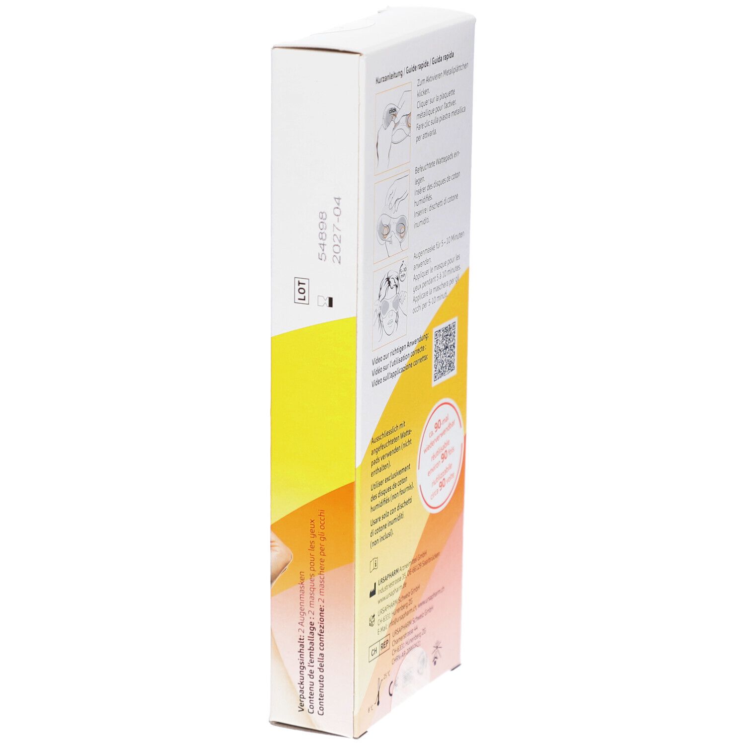 Emballage POSIFORLID Augenmaske, vue latérale. Texte et pictogrammes. Numéro de lot et date de péremption.