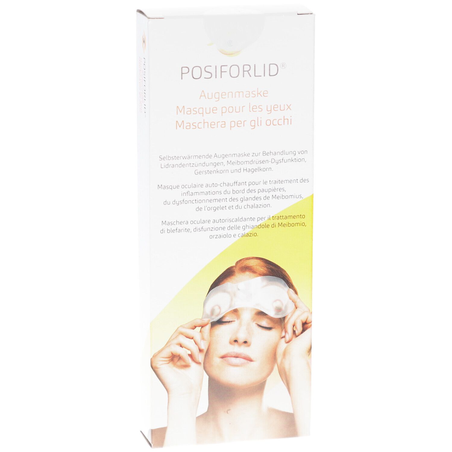 Emballage POSIFORLID Augenmaske. Texte: Masque pour les yeux, description multilingue. Femme tenant le masque devant les yeux.