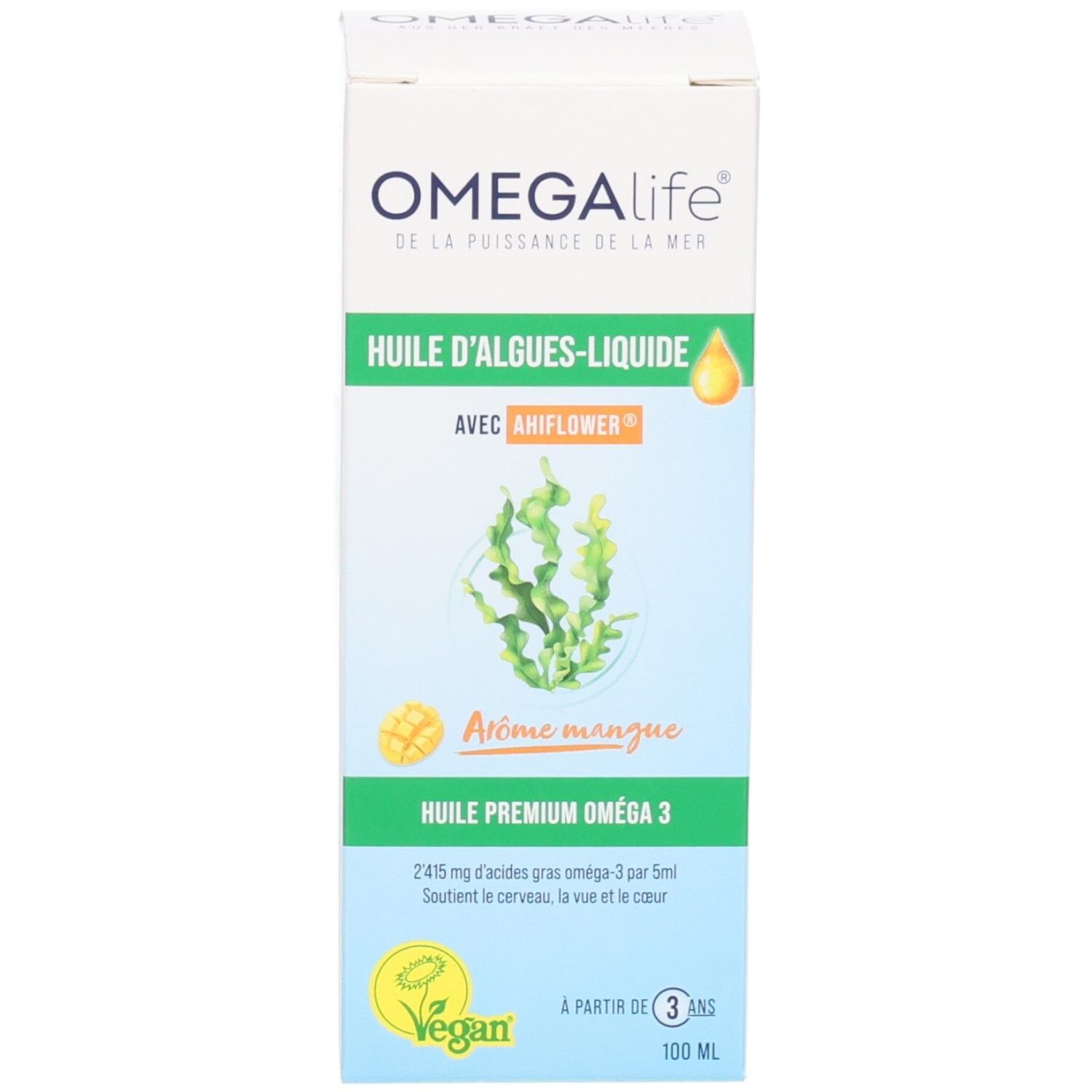 Kartonverpackung für Algenöl-Liquid mit Logo, Produktinformationen, Mango-Geschmack und veganer Zertifizierung.