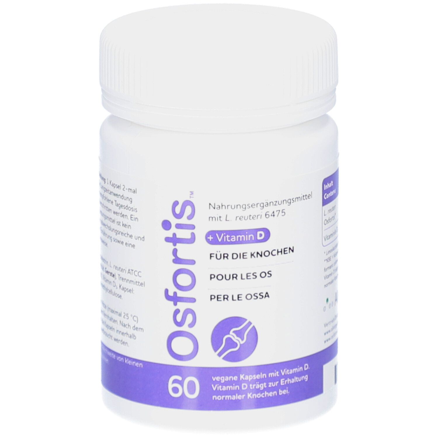 Weiße Flasche mit lila Etikett. Enthält Osfortis + Vitamin D Kapseln. Text: Für die Knochen, 60 Kapseln.