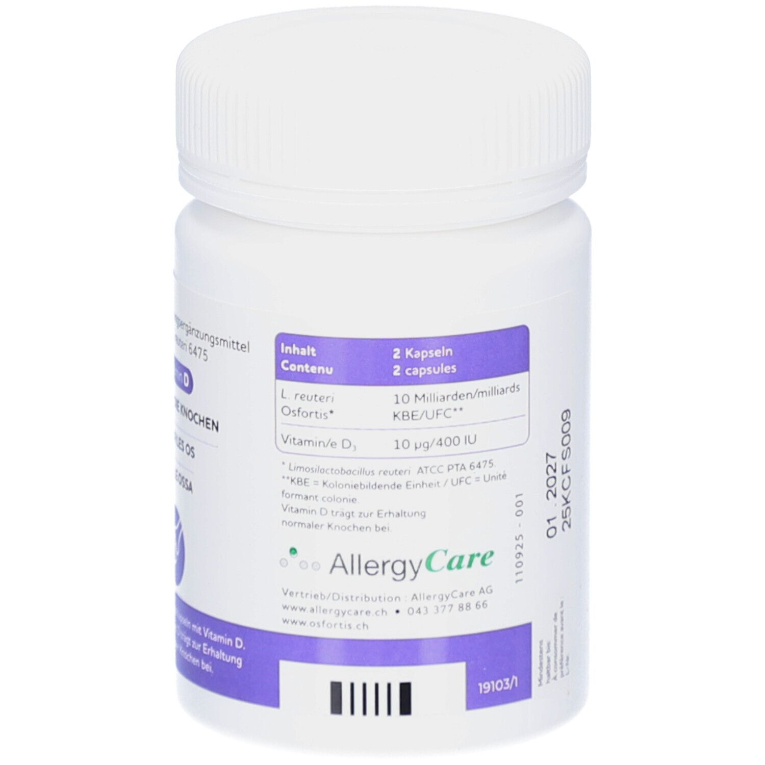 Weiße Flasche, Rückseite mit Etikett. Enthält Informationen zu Inhalt, Dosierung und Hersteller.