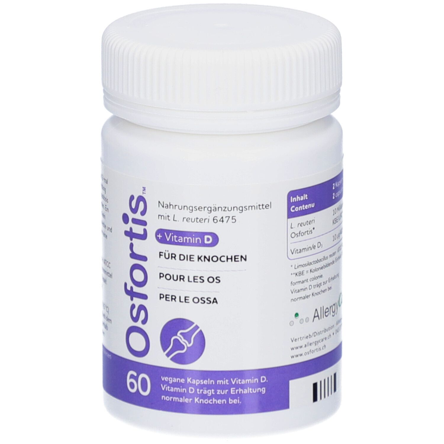 Weiße Flasche mit lila Etikett. Enthält Osfortis + Vitamin D Kapseln. Text: Für die Knochen, 60 Kapseln.