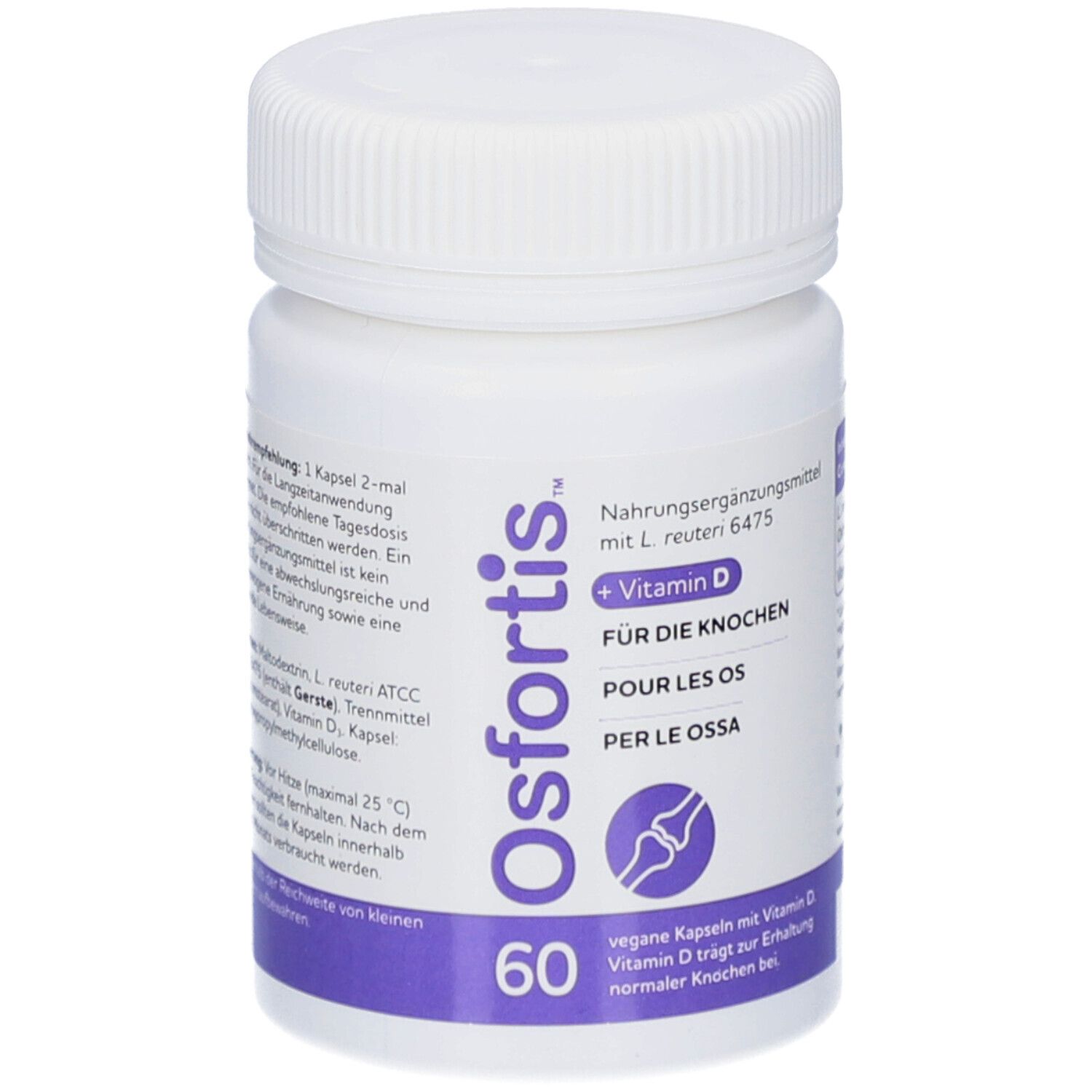 Weiße Flasche mit lila Etikett. Enthält Osfortis + Vitamin D Kapseln. Text: Für die Knochen, 60 Kapseln.