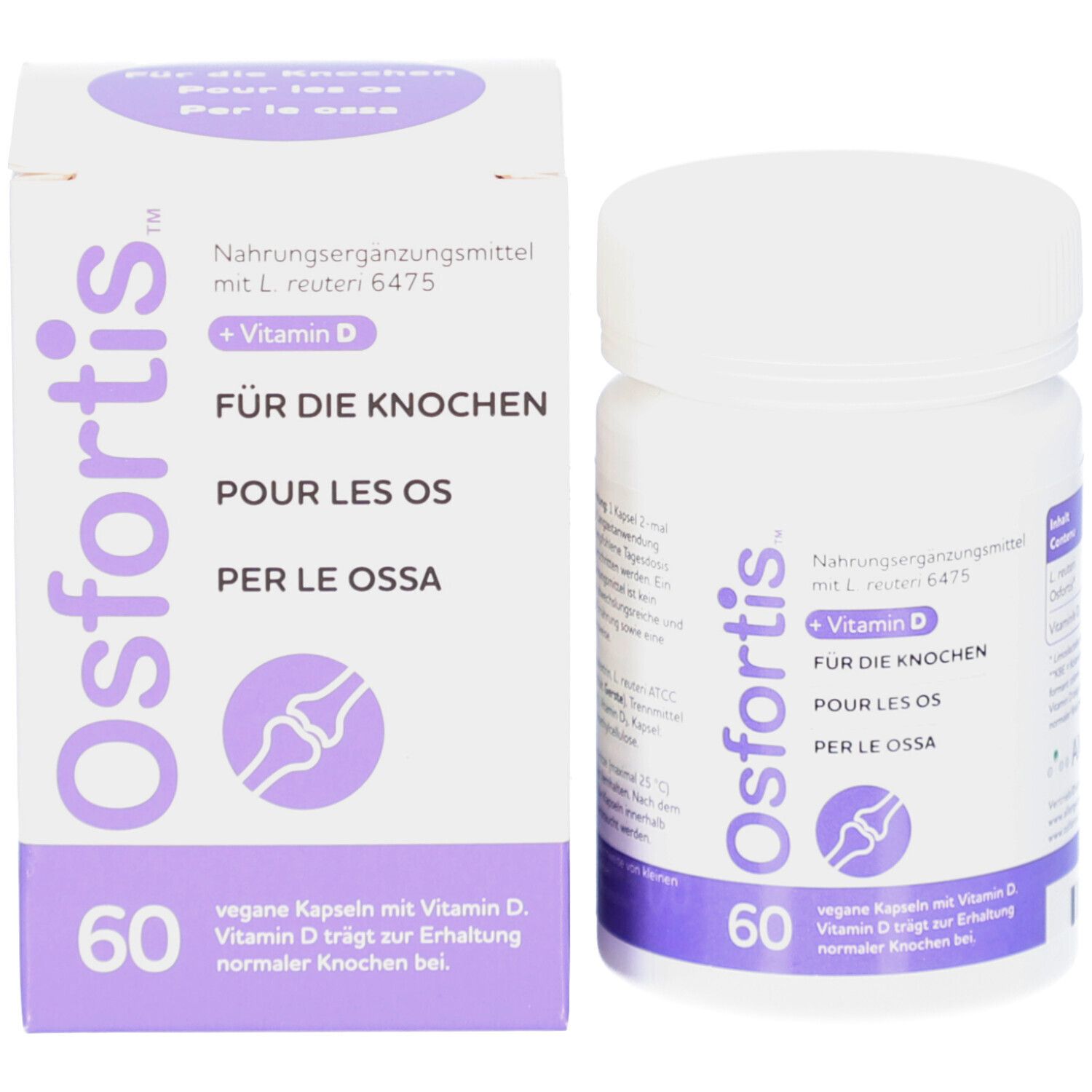 Produktverpackung: Flasche und Schachtel. Auf der Schachtel: Osfortis + Vitamin D, 60 Kapseln. Für die Knochen.