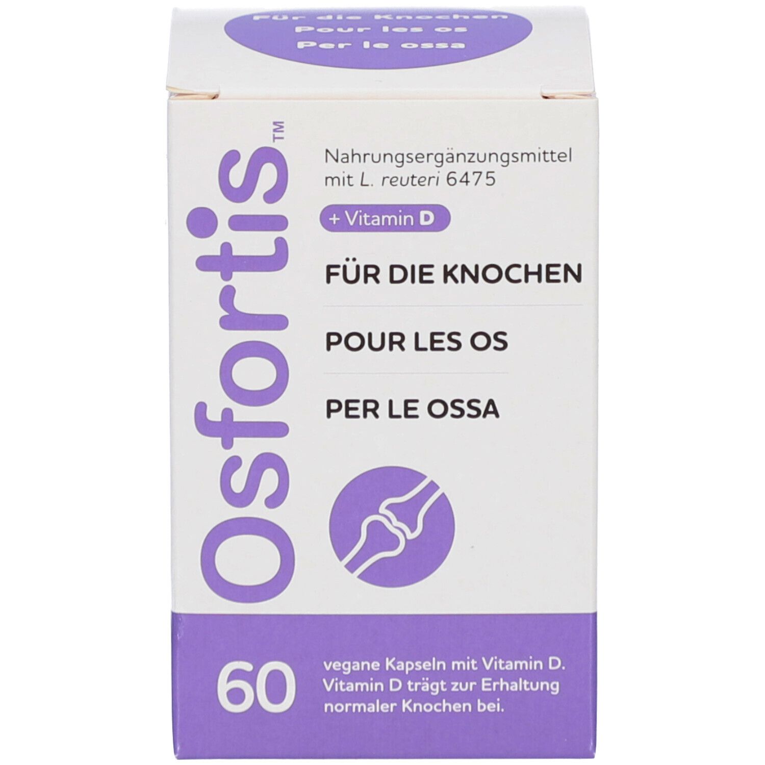 Produktverpackung: Schachtel mit Osfortis + Vitamin D, 60 Kapseln. Text: Für die Knochen, vegane Kapseln.