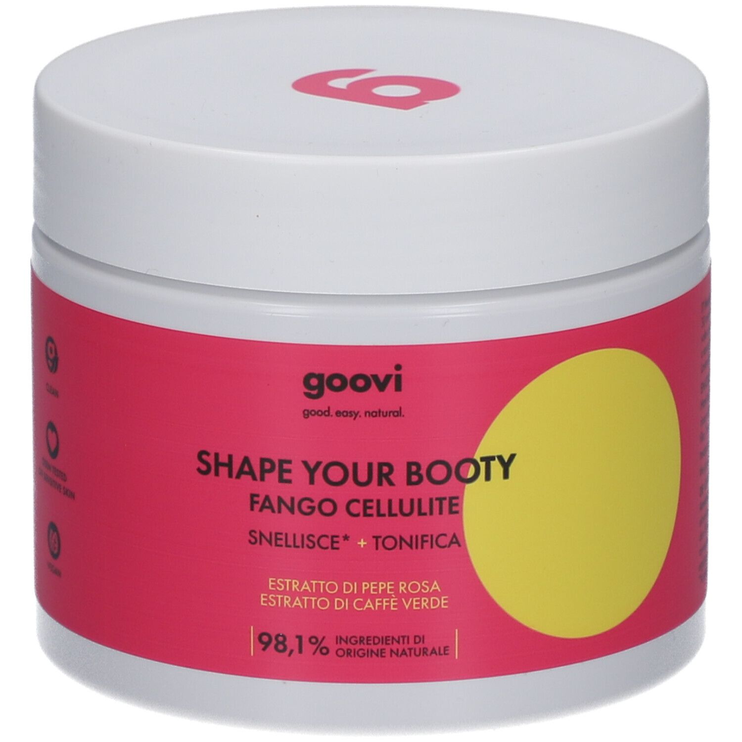 Weißer Tiegel mit pinkfarbenem Etikett. Gelber Kreis. Aufschrift: Shape Your Booty, Fango Cellulite. Goovi Logo.