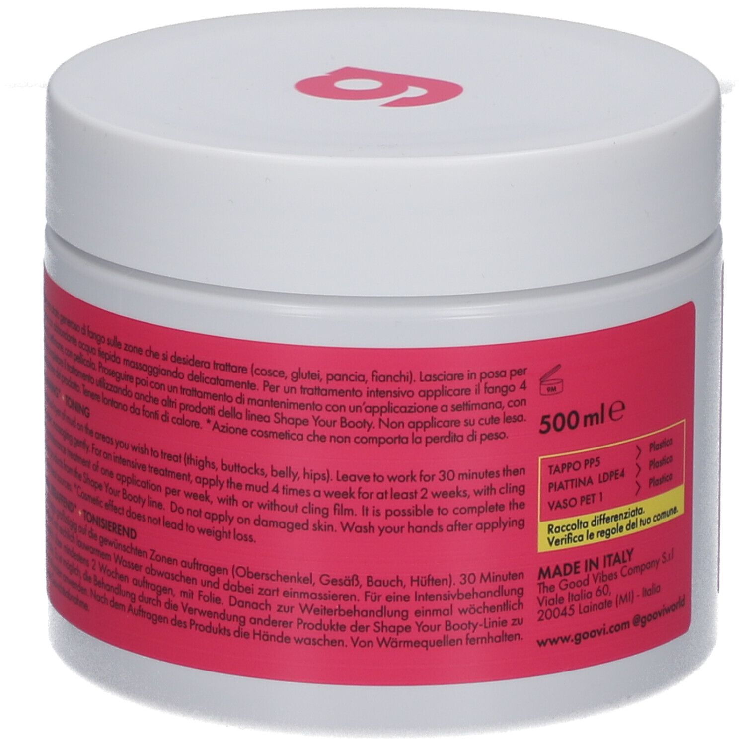 Weißer Tiegel mit pinkfarbenem Etikett. Text in mehreren Sprachen. Goovi Logo. 500ml. Hergestellt in Italien.