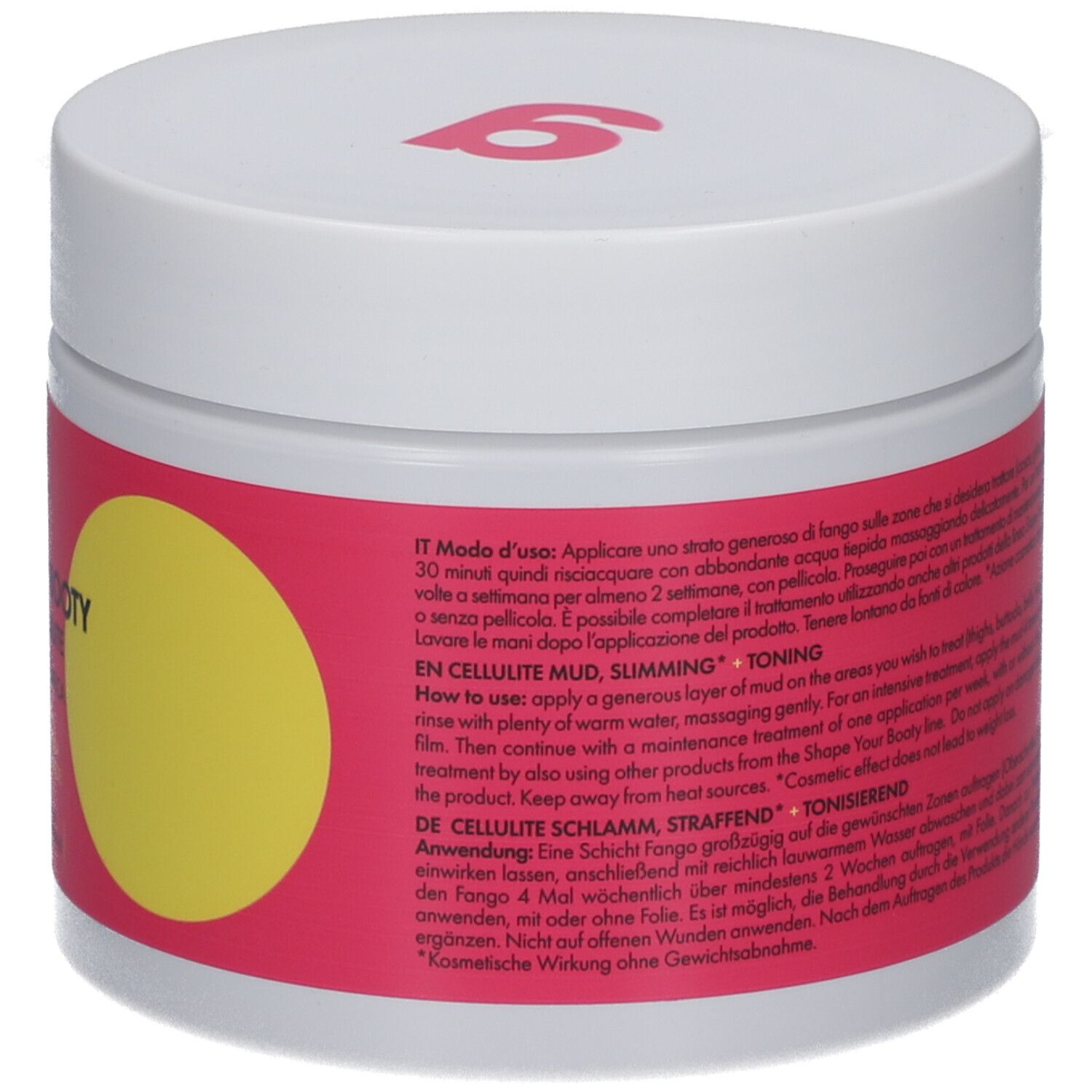 Weißer Tiegel mit pinkfarbenem Etikett. Text in mehreren Sprachen. Gelber Kreis. Goovi Logo. 500ml.