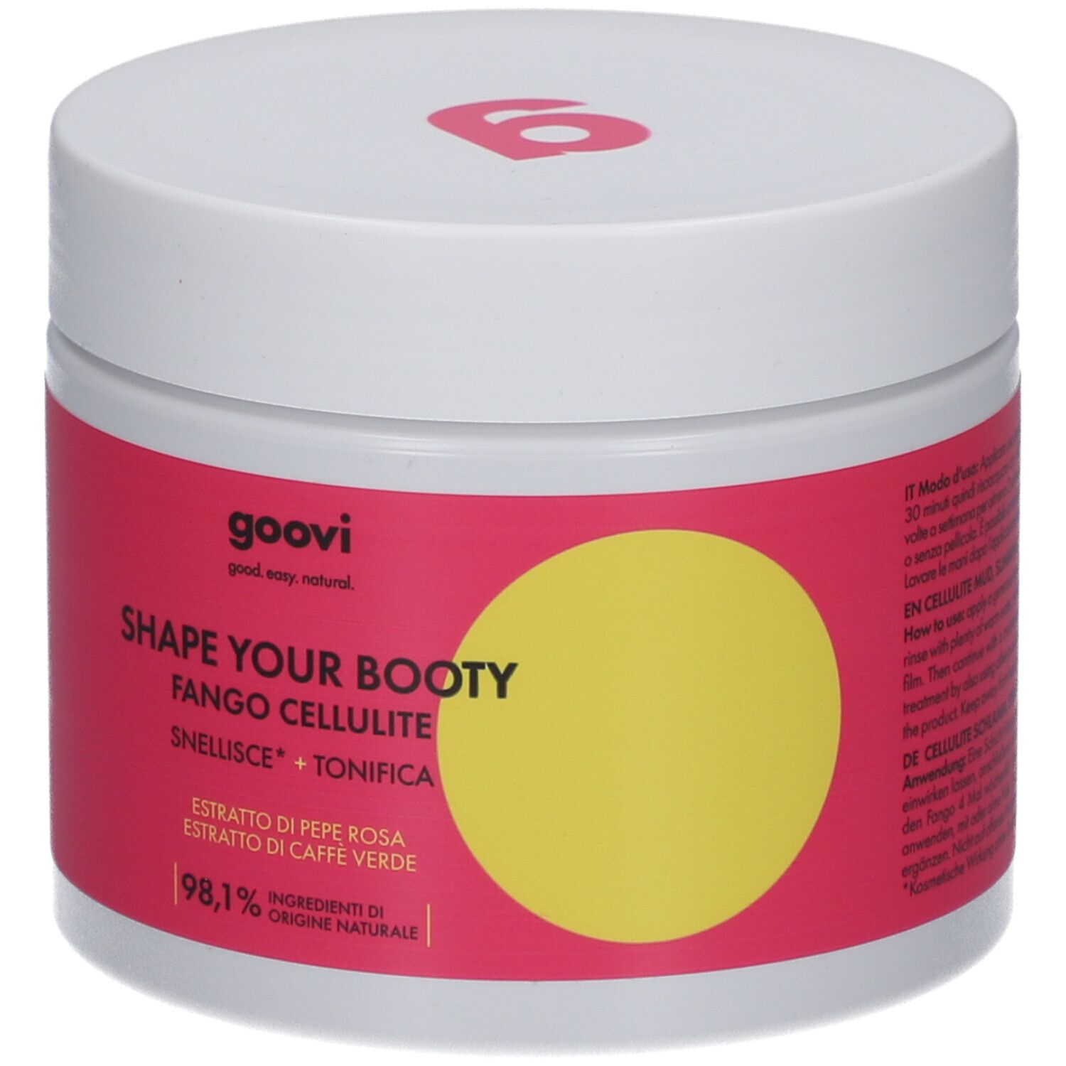 Weißer Tiegel mit pinkfarbenem Etikett. Gelber Kreis. Aufschrift: Shape Your Booty, Fango Cellulite. Goovi Logo.