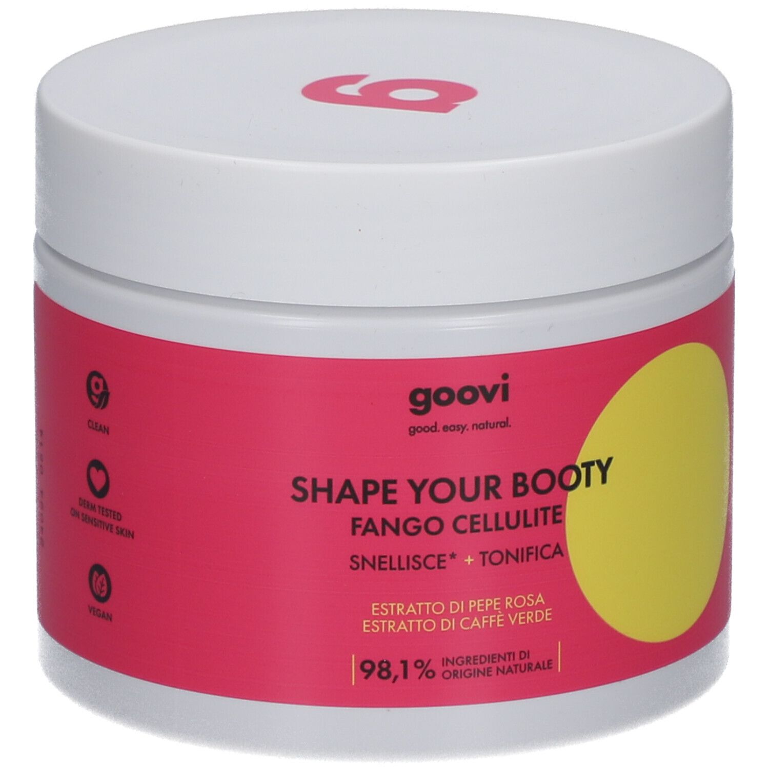 Weißer Tiegel mit pinkfarbenem Etikett. Gelber Kreis. Aufschrift: Shape Your Booty, Fango Cellulite. Goovi Logo.