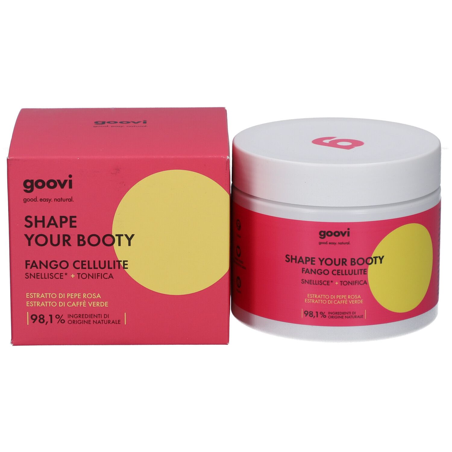 Produktverpackung: Tiegel und Schachtel. Pinkfarben mit gelbem Kreis. Aufschrift: Shape Your Booty, Fango Cellulite. Goovi Logo.