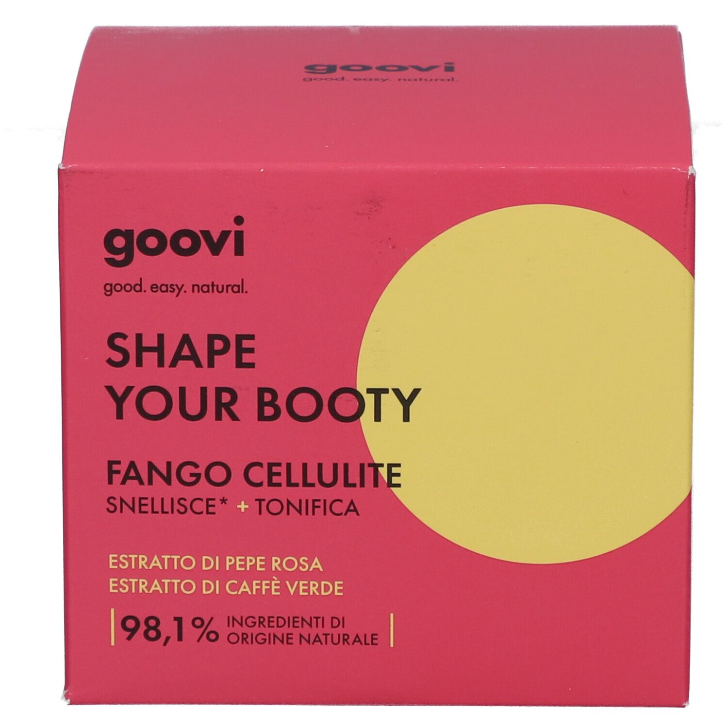 Pinkfarbene Schachtel mit gelbem Kreis. Aufschrift: Shape Your Booty, Fango Cellulite. Goovi Logo.
