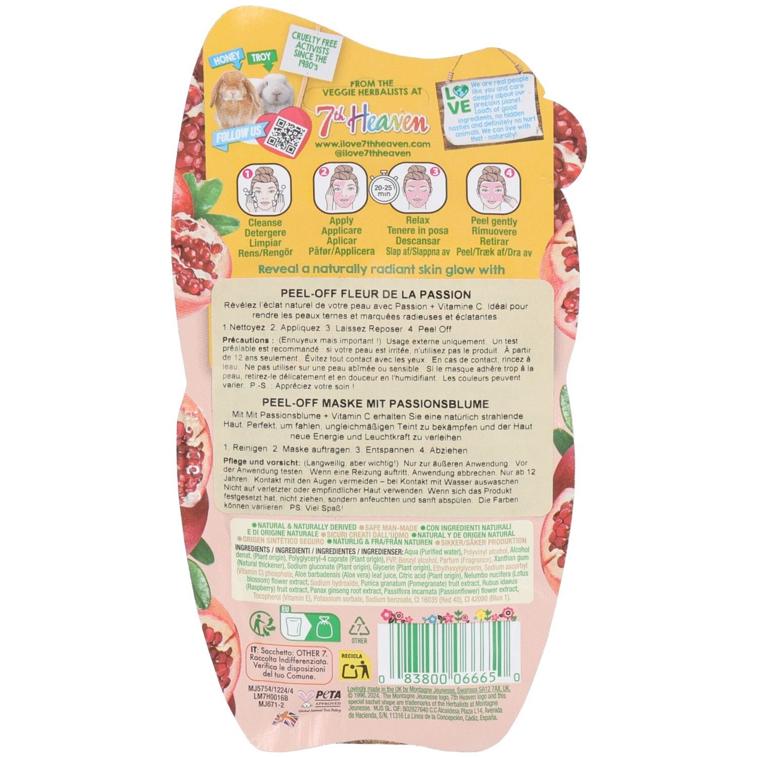Rückseite der 7th Heaven Peel-Off Maske mit Anwendungshinweisen und Inhaltsstoffen.