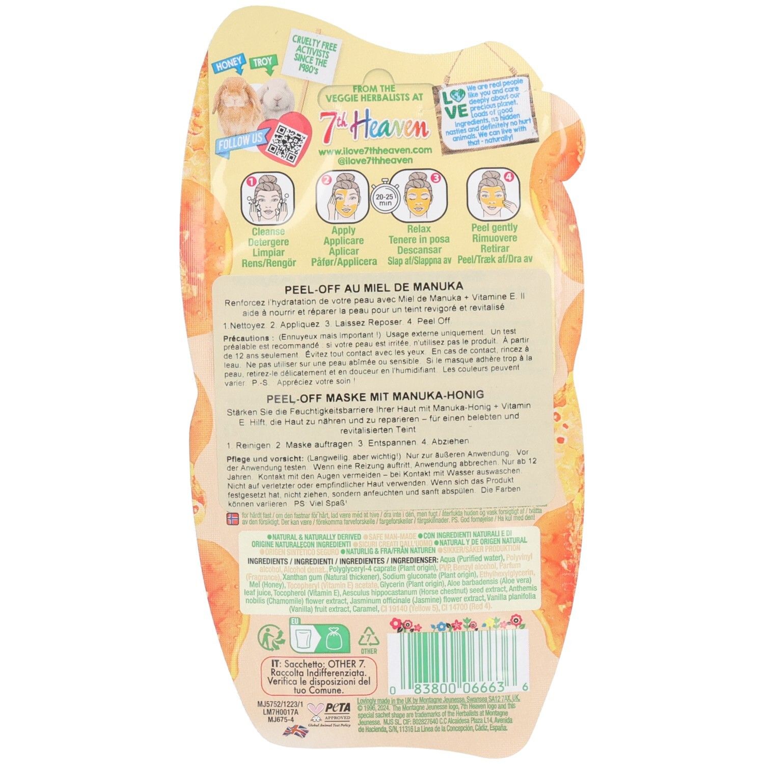 Rückseite der 7th Heaven Manuka Honig Peel-Off Maske mit Anwendungshinweisen und Inhaltsstoffen.