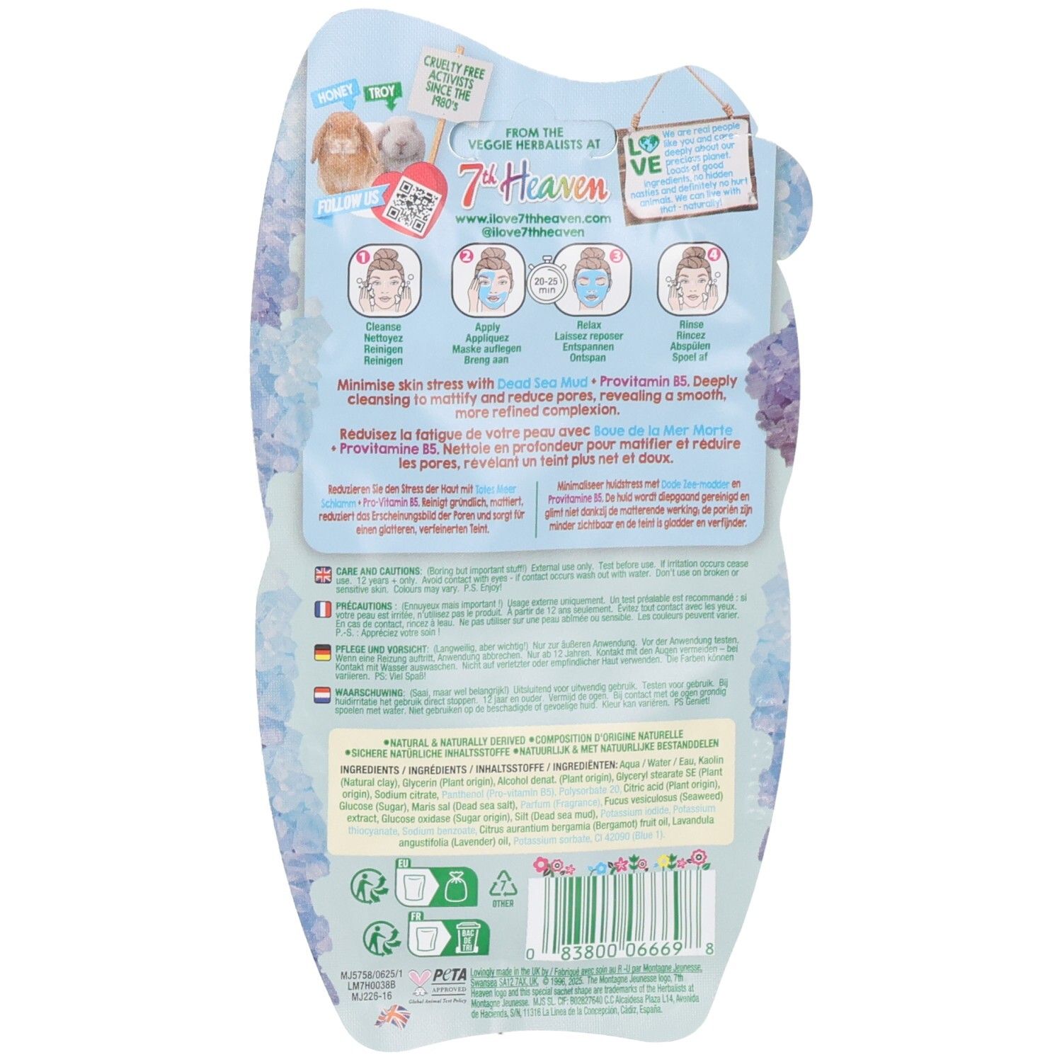 Rückseite einer Gesichtsmaskenverpackung mit Anleitungen und Inhaltsstoffen.