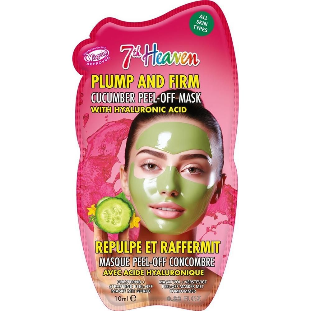 7th Heaven Gurken Peel-Off Maske mit Hyaluronsäure. Grüne Maske auf dem Gesicht einer Frau, Gurkenscheiben.