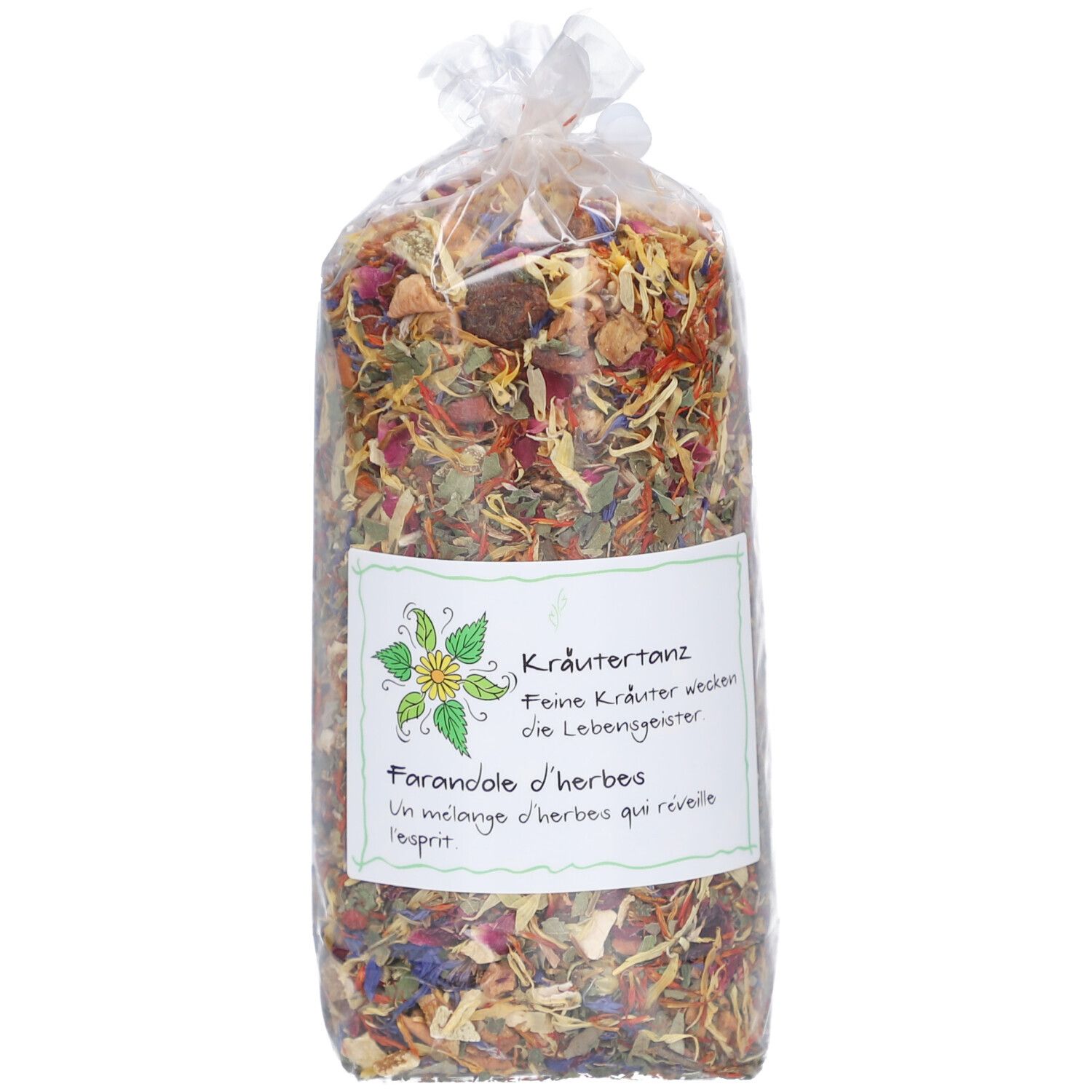 Mélange d'herbes en emballage transparent. Étiquette avec texte: Kräutertanz, Farandole d'herbes.